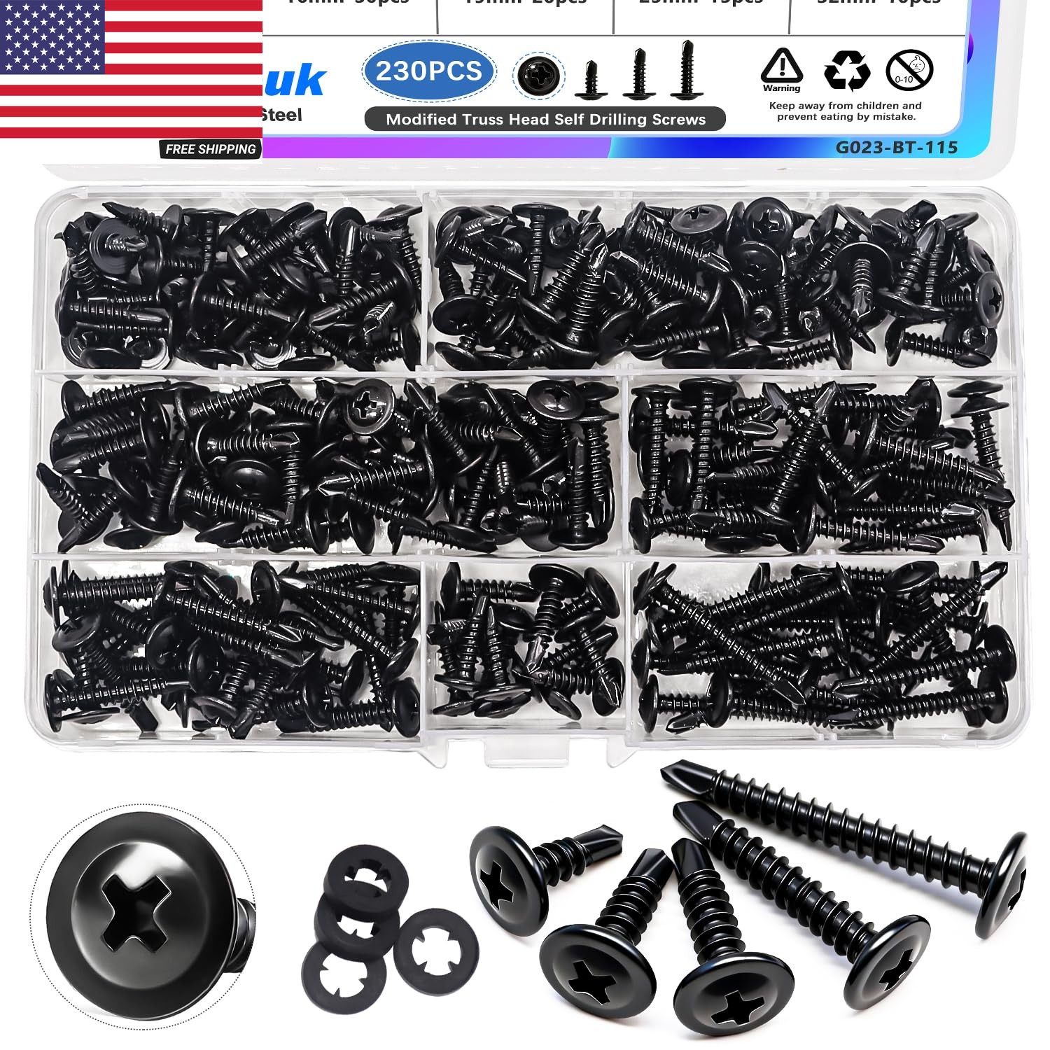 230PCS #8 Self Tapping Screws,410 Stainless Steel Self Tapping Screws for Metal,