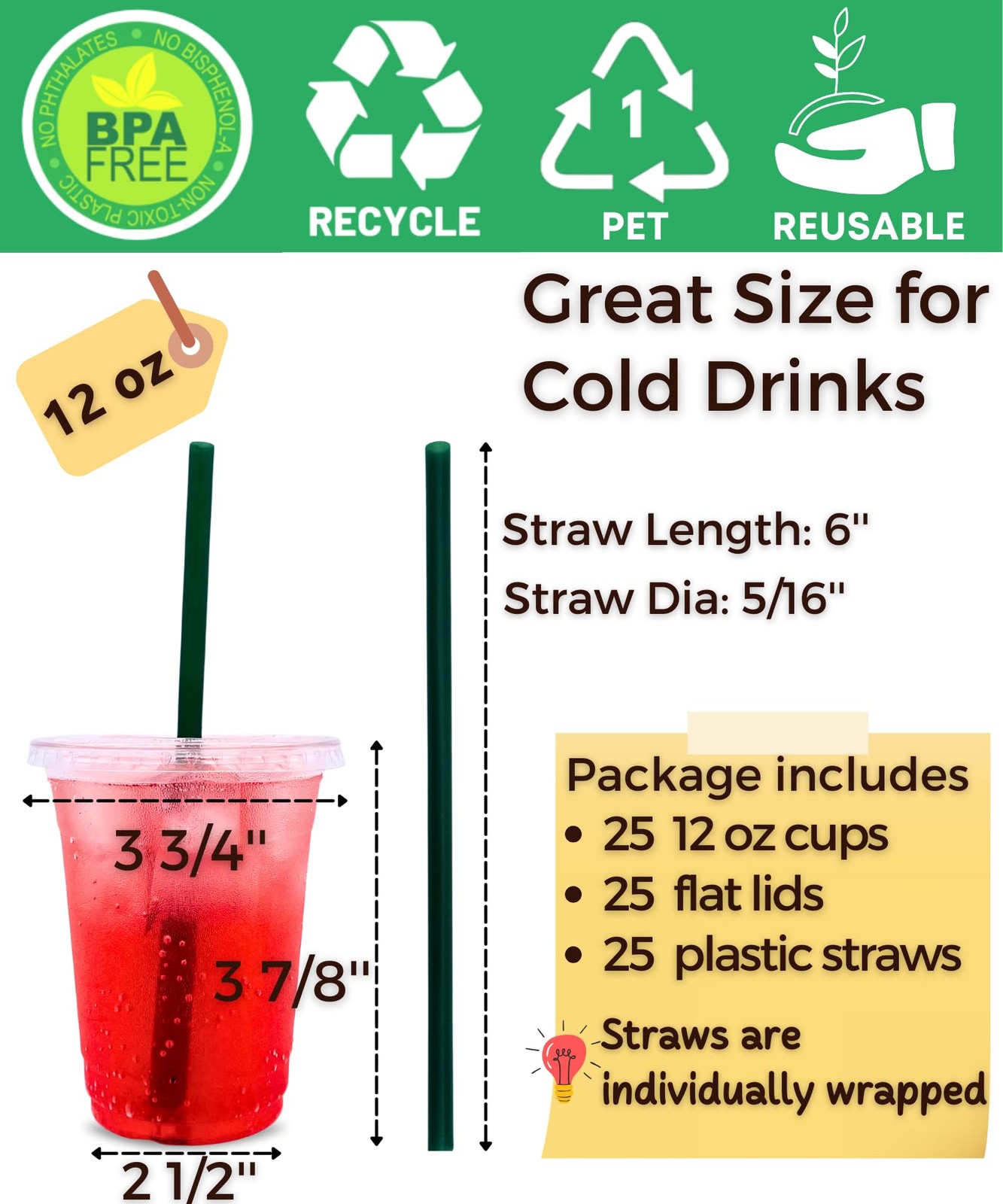 12 oz Clear Plastic Cups with Lids and Straws, Disposable 12 Ounces,