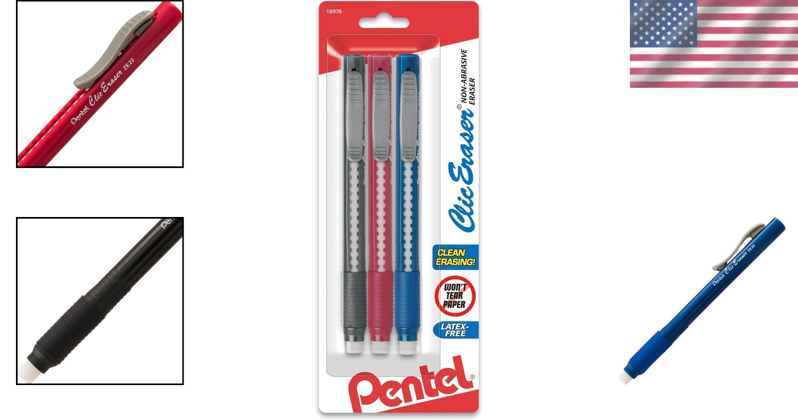 Comfortable Grip Retractable Erasers – 3 Pack Assorted Colors for Everyday Use