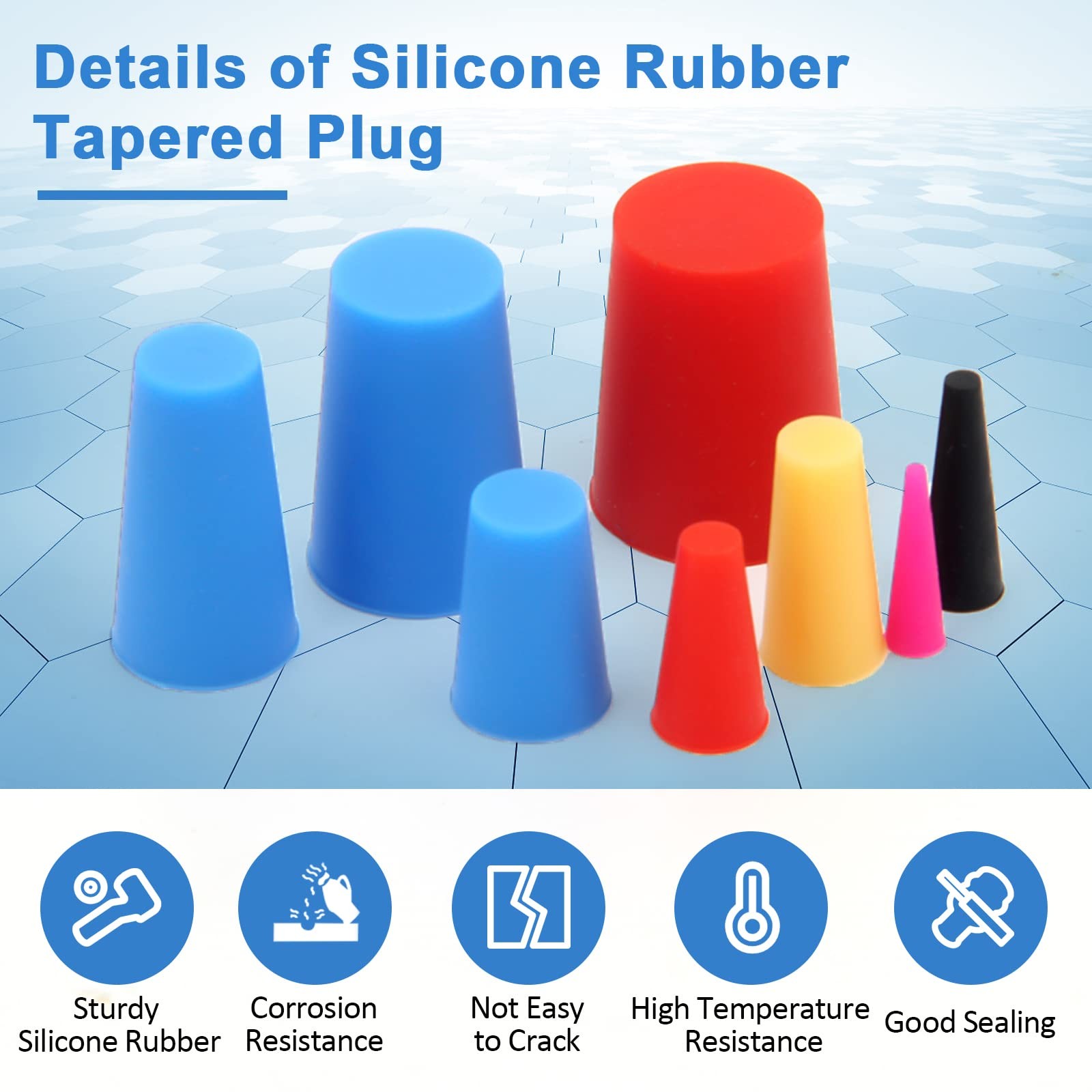 110PCS Silicone Rubber Tapered Plug, Pink, Black, Red, Yellow, Blue