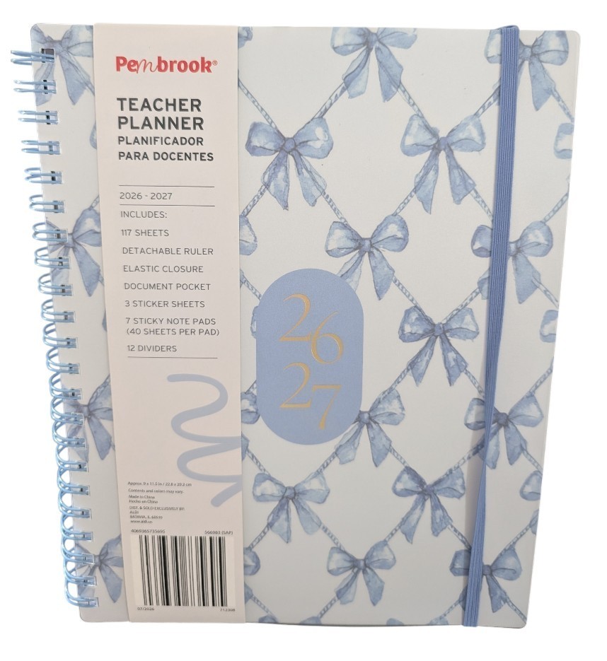 Pembrook 2026-2027 Teacher Planner Academic Calendar Blue Ribbon Bow New