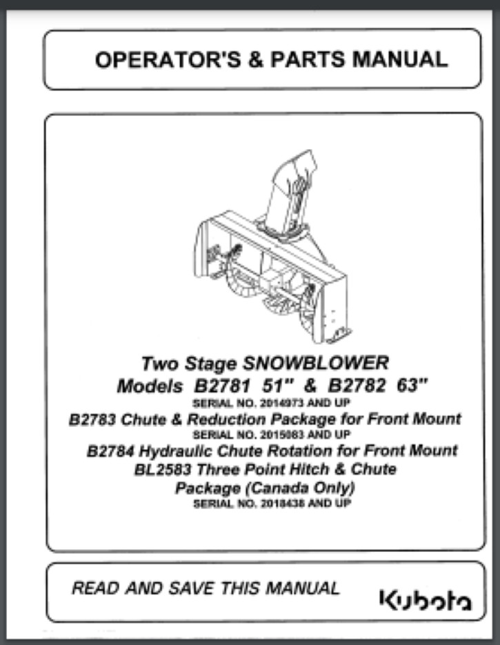 Kubota B2781 51″ B2782 63″ Snow blower Attachment 48 Page Manual 2002