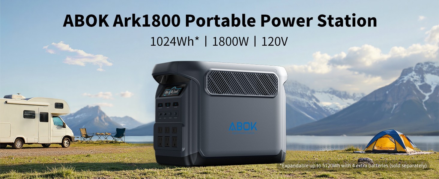 1024Wh ABOK Ark1800 Power Station 1800W LiFePO4 PD140W UPS App 1000W PV Input
