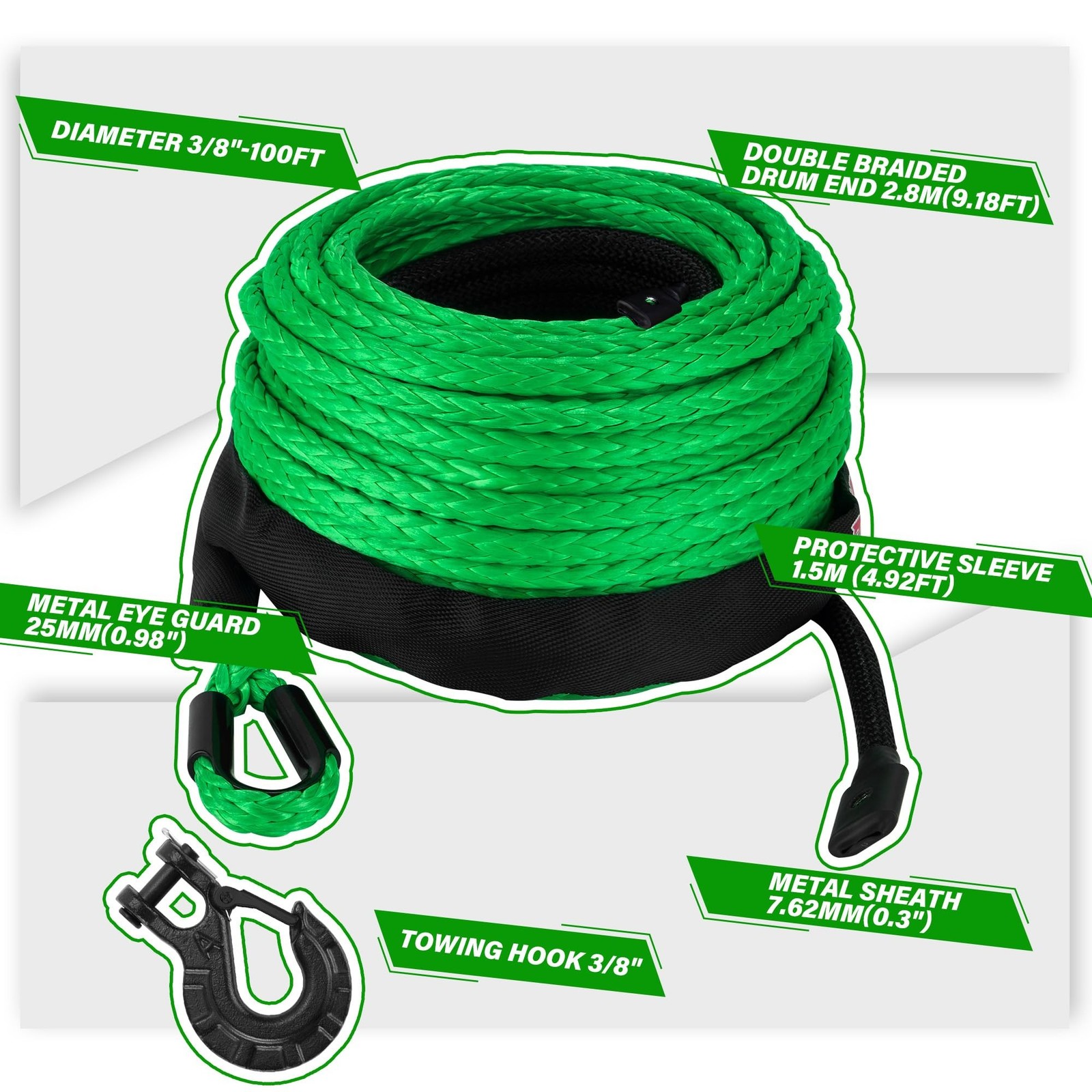 TYT Synthetic Winch Rope 3/8″ X 92′ with Hook, 27000LBS Synthentic Winch Cabl…