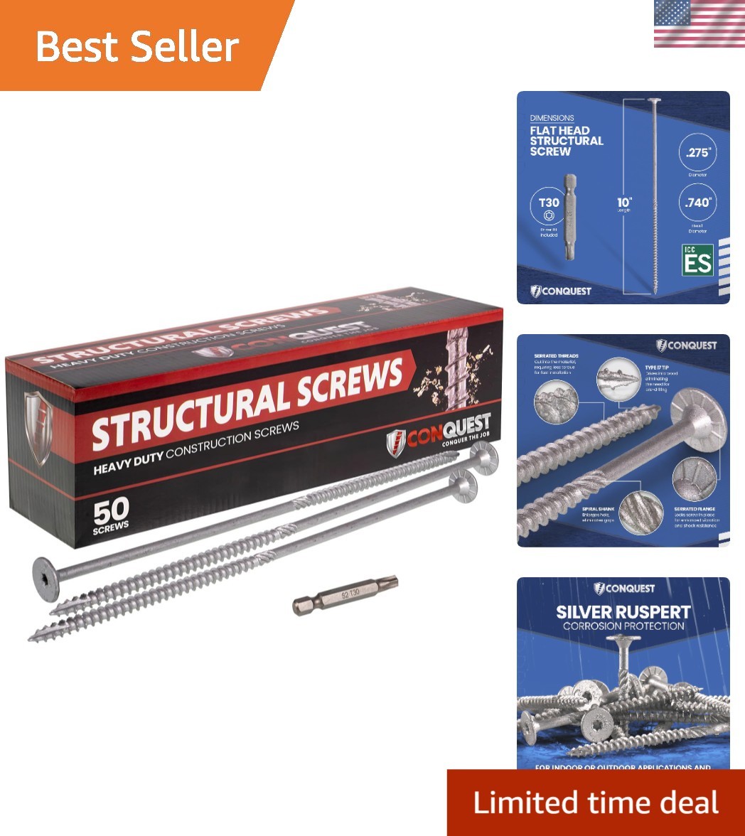 Conquest Structural Wood Screws – 50 Pack, 0.275″ x 10″ & Corrosion Resistant