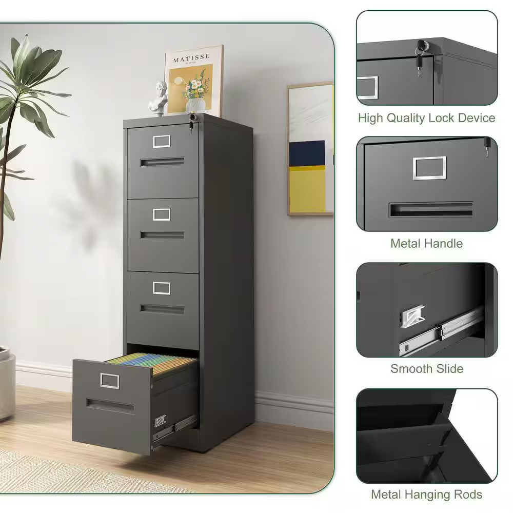 17.72 In. W 4 Drawer Steel File Cabinet with Lock, Black Filing Cabinets, Modern