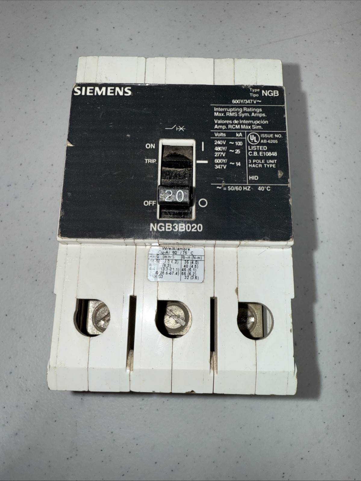 Siemens NGB3B020 3-Pole Circuit Breaker – White