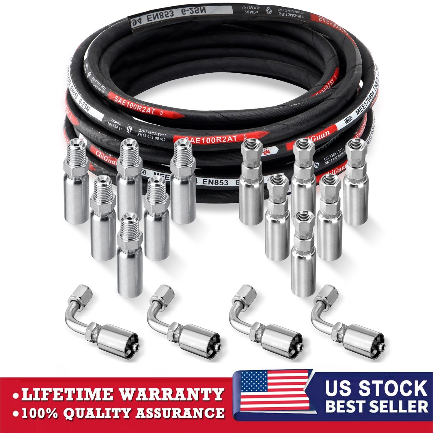 33FT 1/4″ Hydraulic Hose w/ 16 Fittings (JIC Female & NPTF Male & JIC Female 90°