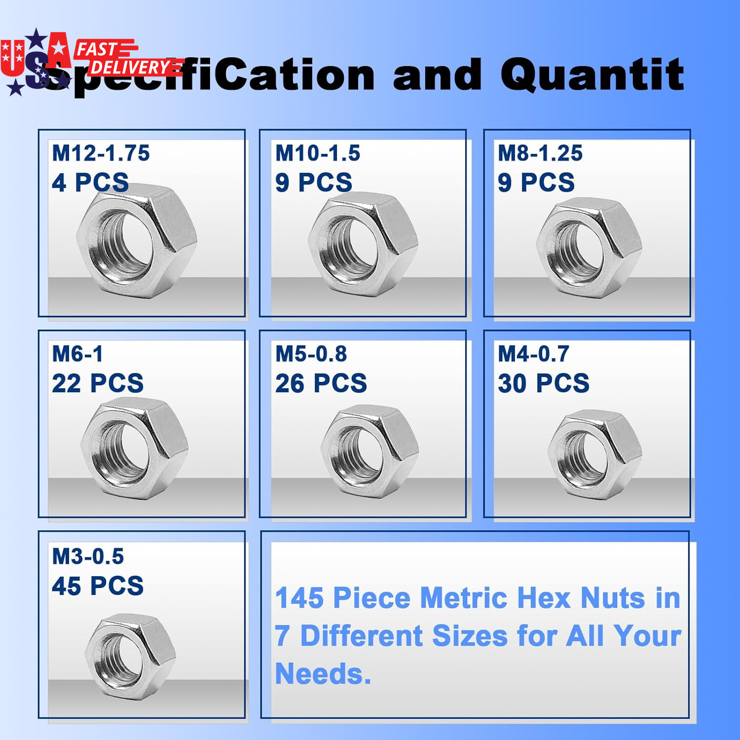 145 PCS Assorted Stainless Steel Hex Nuts Assortment Kit M3 M4 M5 M6 M8 M10 M12