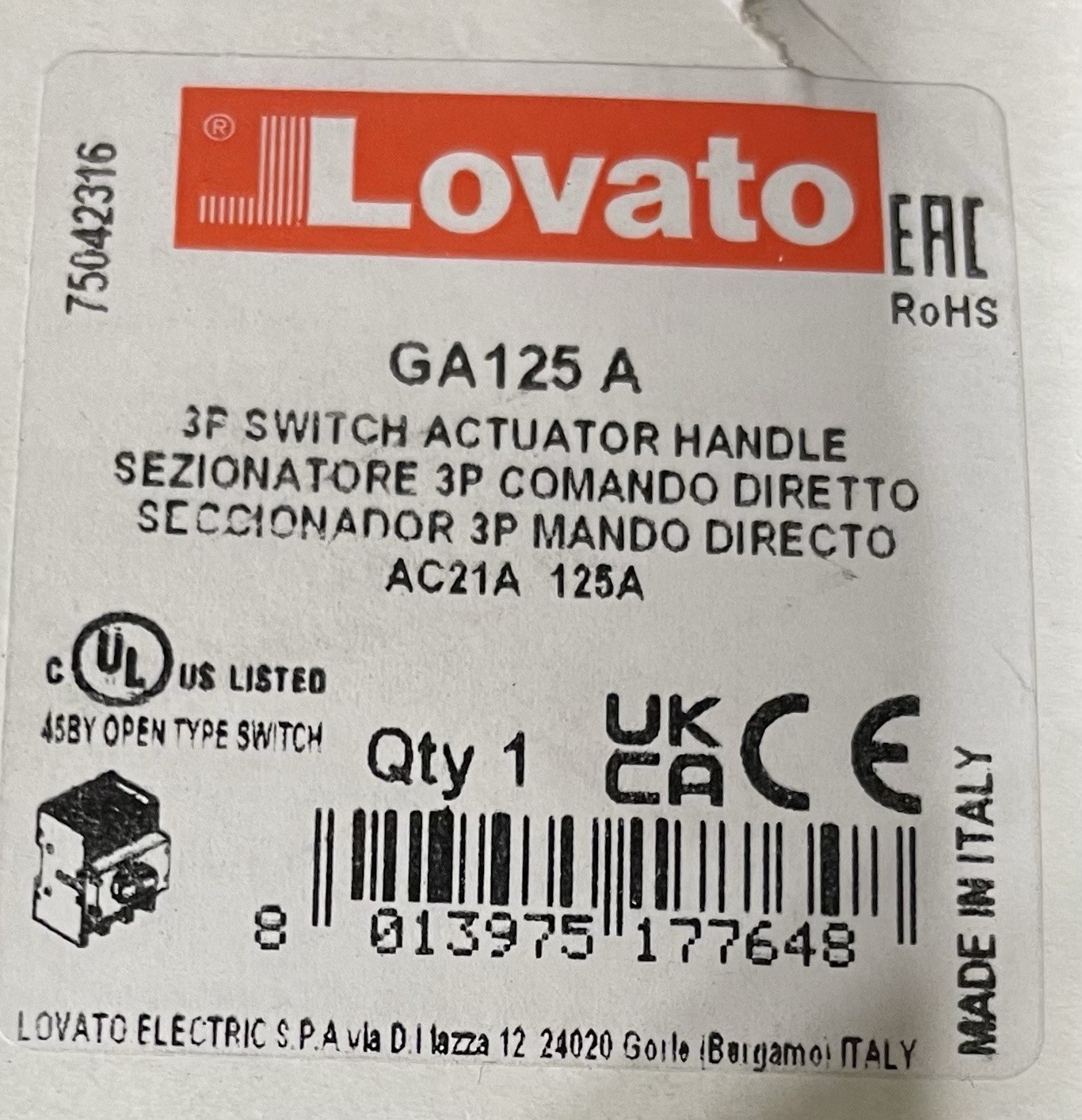GA125A Lovato Disconnect Switch Full Kit Switch, Align Ring, Adapter