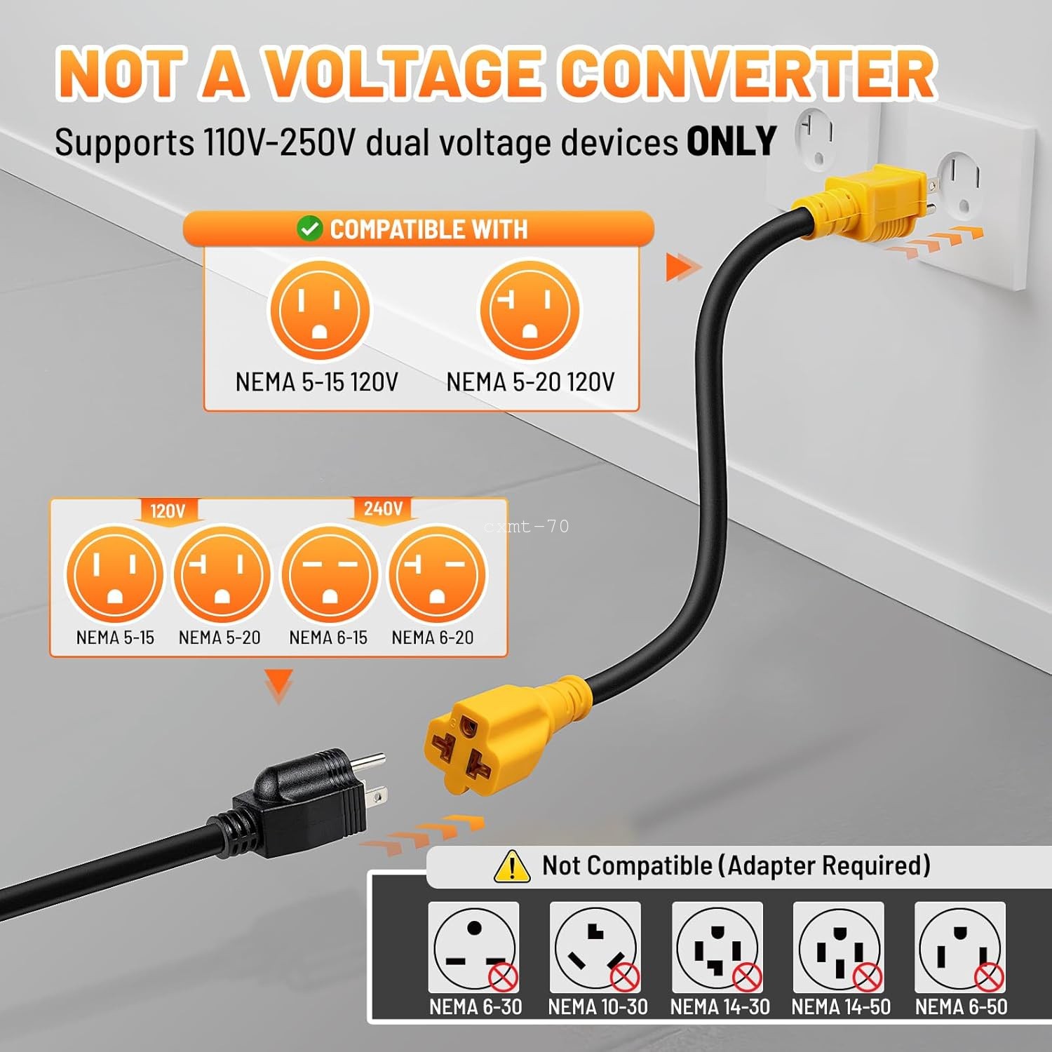 15A AC Power to 20A T Blade Adapter Cable 5-15P to 5-15R 5-20R 6-15R 6-20R 1FT