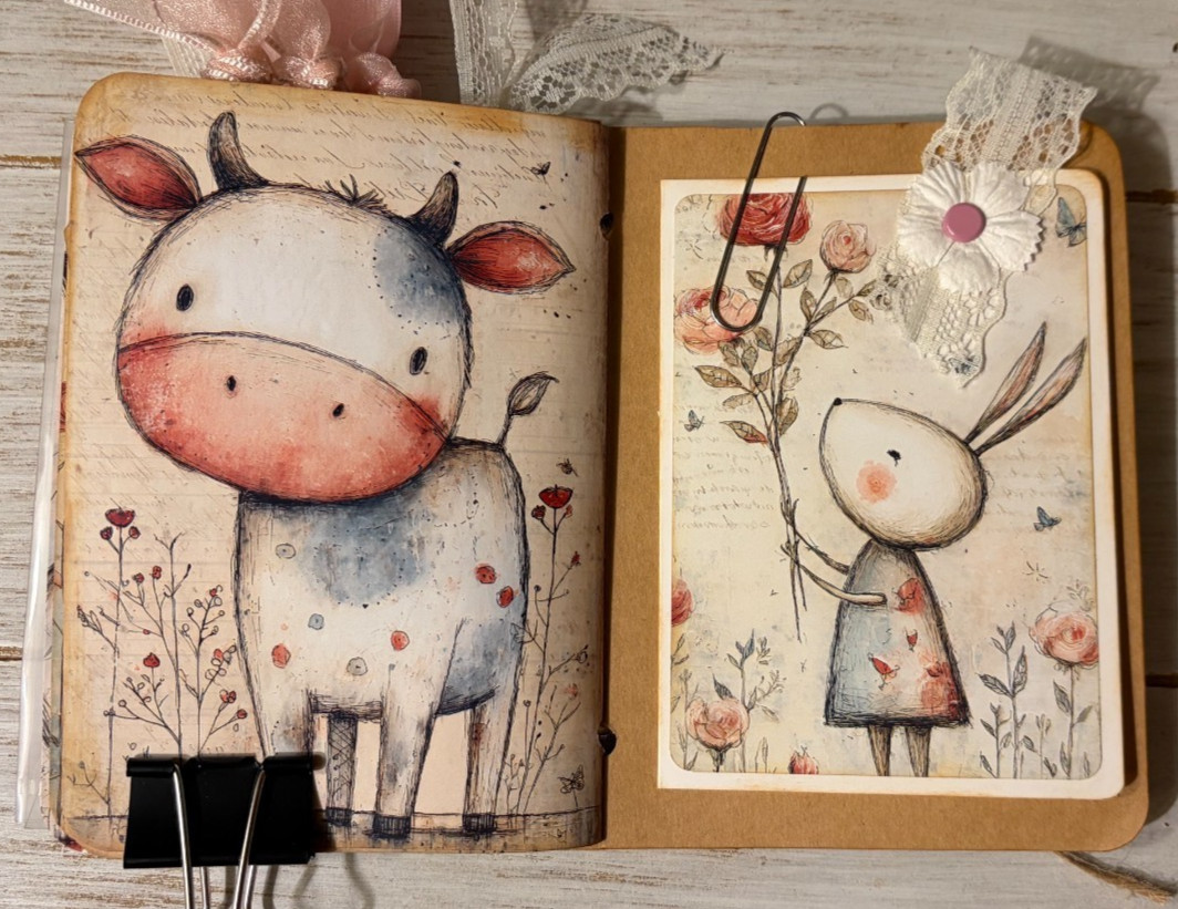 Junk Journal Handmade Booklet Book Vintage «Cute Animals» Pockets, Ephemera b
