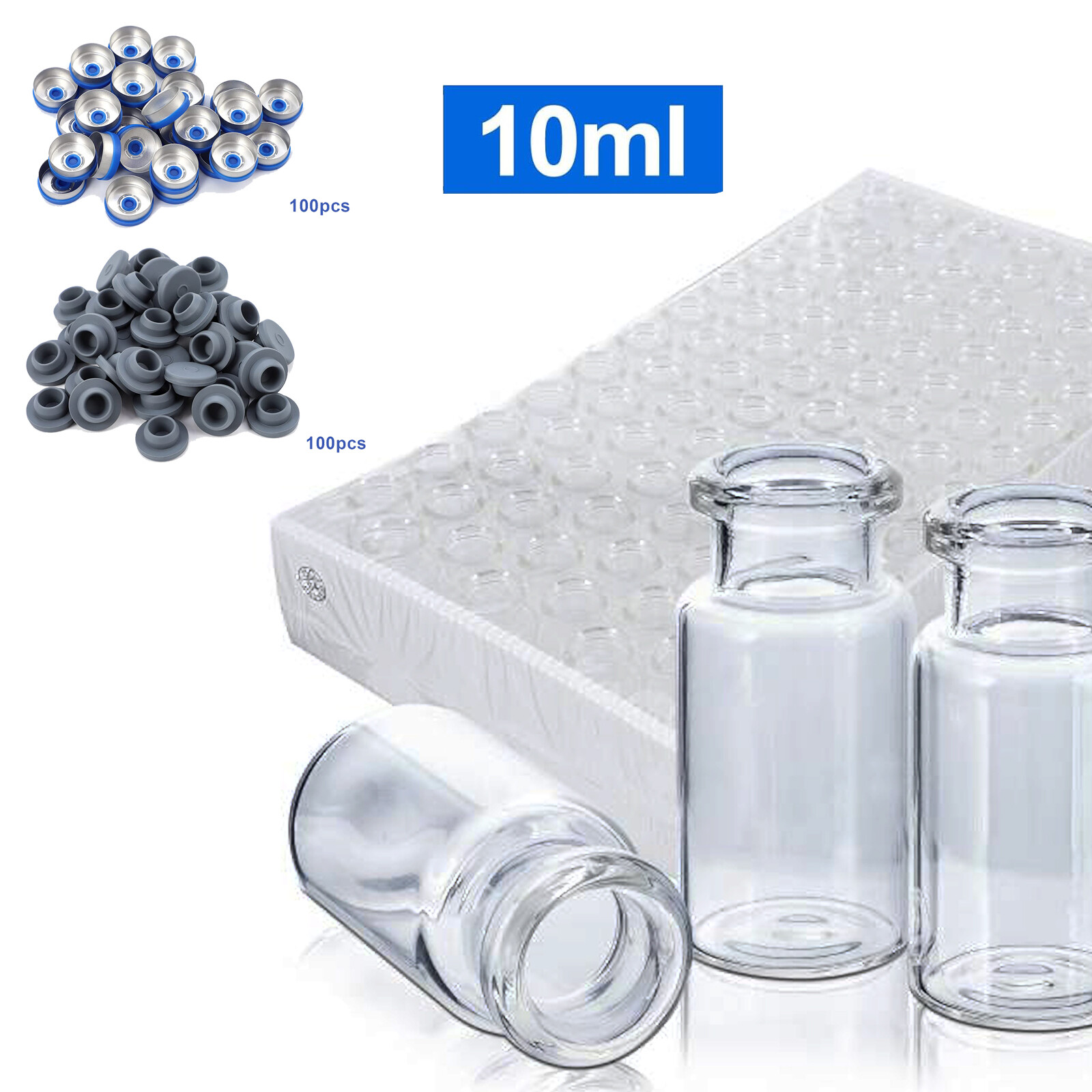 100pcs 10ml Vials Glass Clear with Plastic-Aluminum Caps and Rubber Stoppers USA