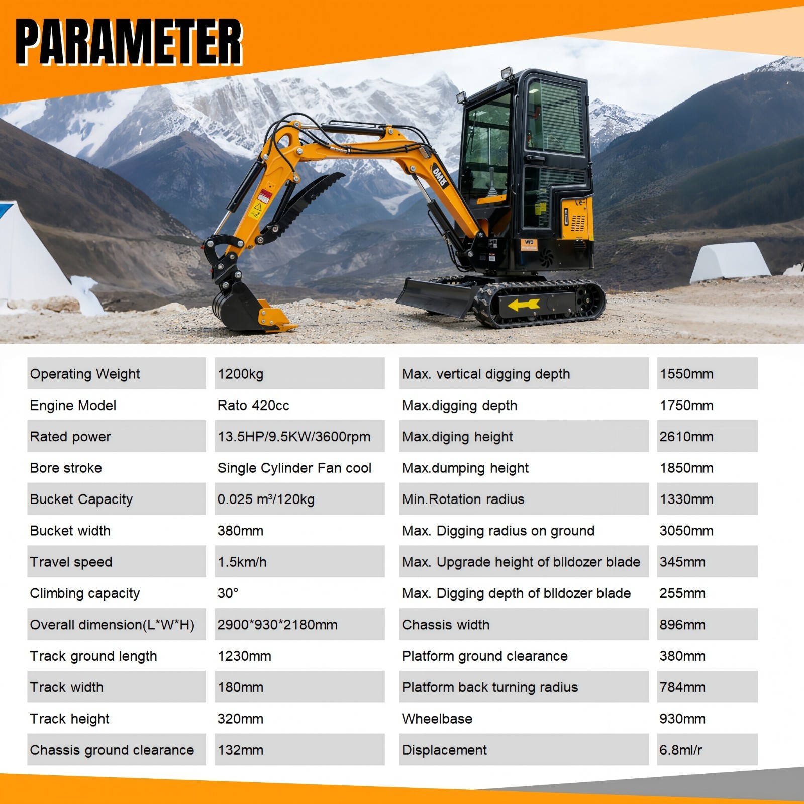 MMS 1.2Ton Enclosed Cab Mini Excavator 13.5HP Gas EPA Engine With 6 Attachments