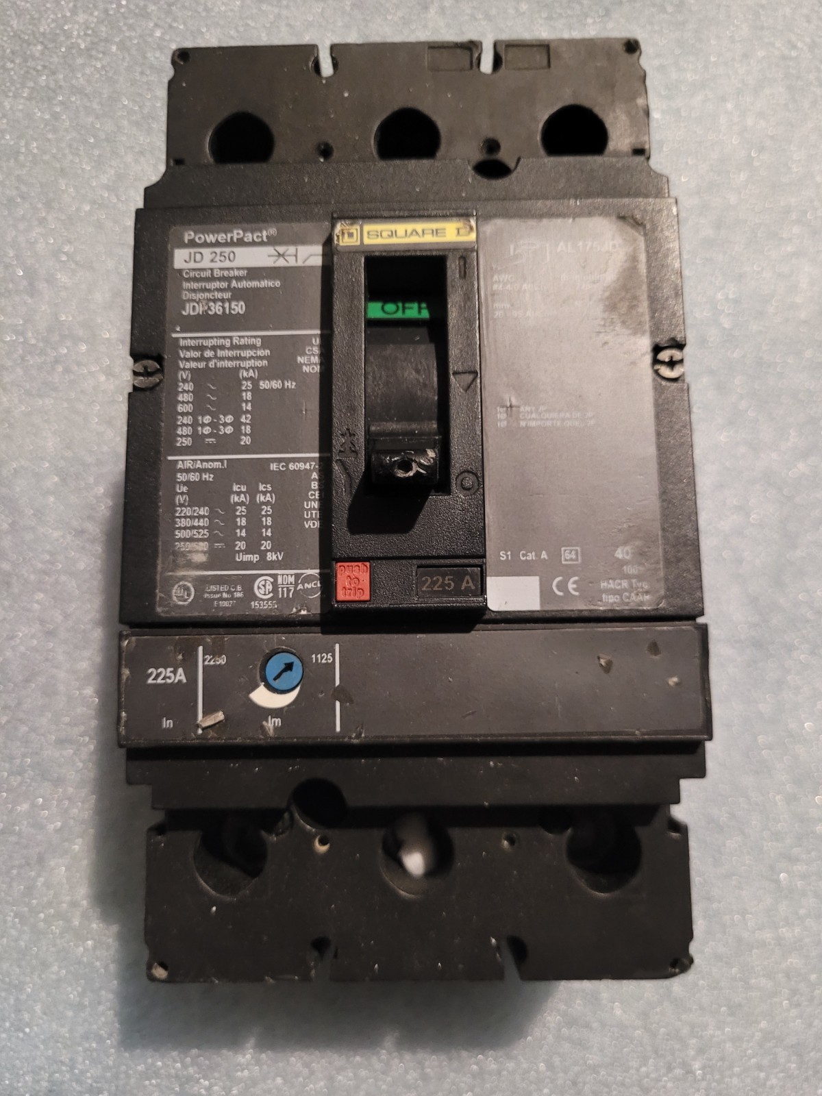 Square D JDL36225 3 Pole 225 Amp 600 Volt Molded Case Circuit Breaker