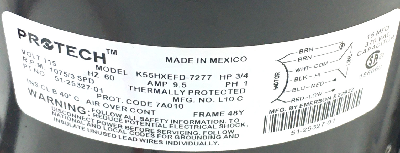 EMERSON K55HXEFD-7277 Blower Motor 51-25327-01 3/4HP 115V RPM 1075/3SPD #CMP392