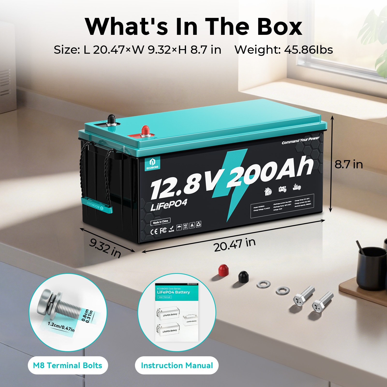 12V 200Ah LiFePO4 Battery Deep Cycles 2560Wh 200A BMS for RV Solar Home Boat