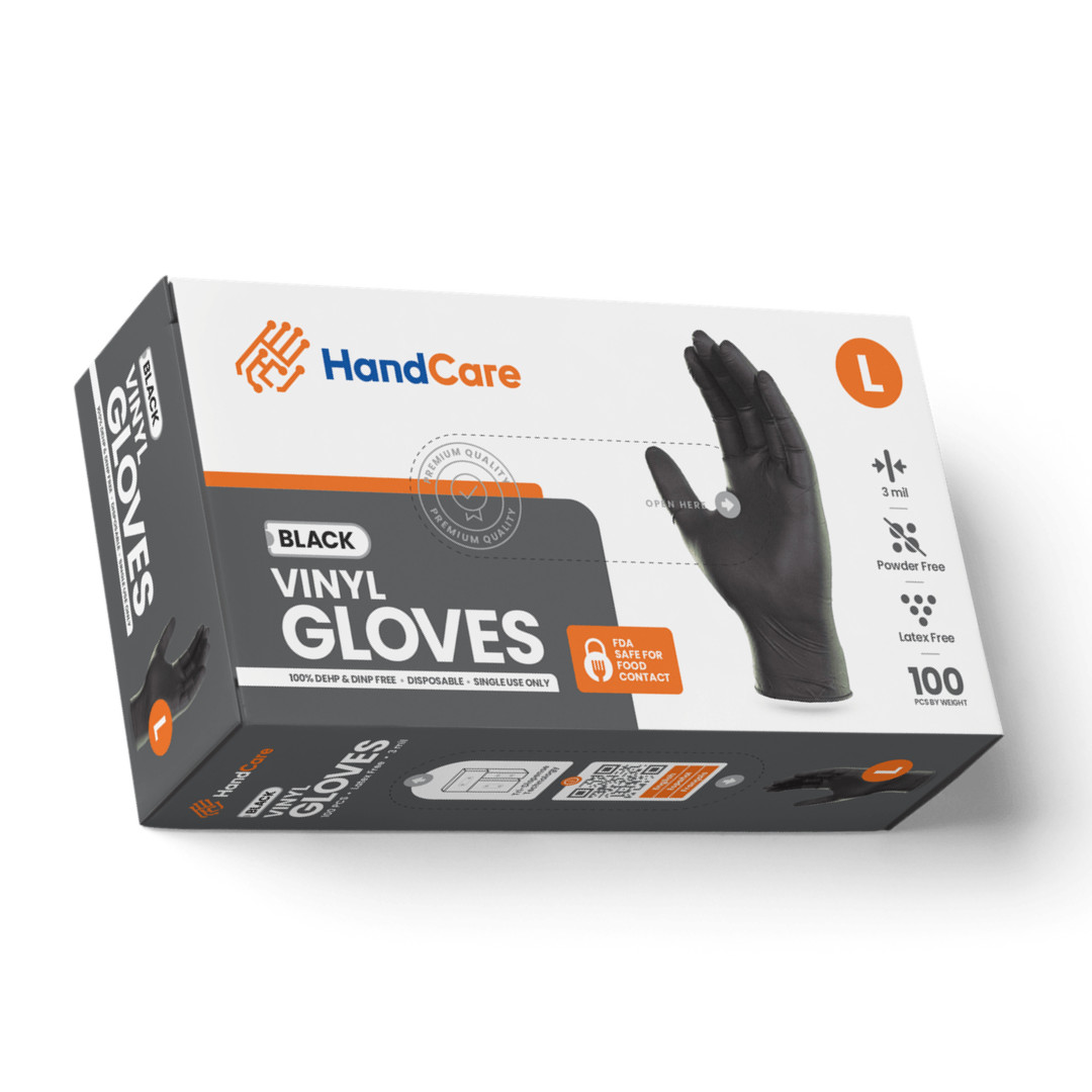 HandCare Black Vinyl Gloves – Powder Free (4 Mil), 1,000 Gloves