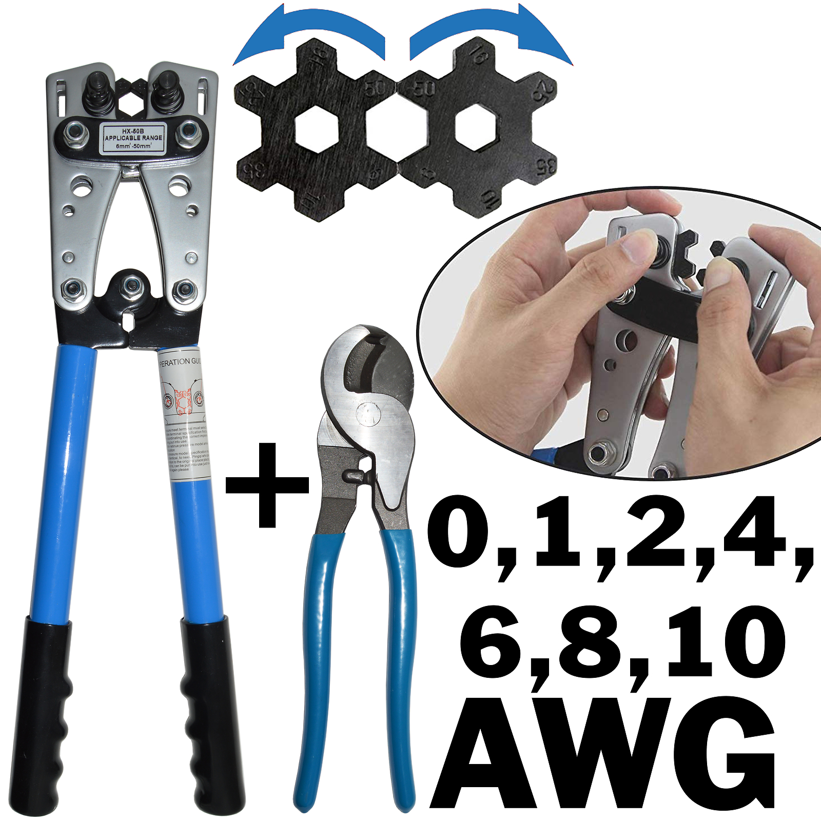Wire Crimper and Cable Cutter for 0, 1, 2, 4, 6, 8, 10 AWG – Cable Lug Crimping