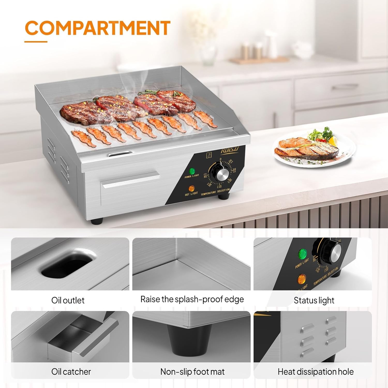 Commercial Electric Griddle, 14″ Countertop Flat Top Grill,122℉-572 ℉ Adjustable