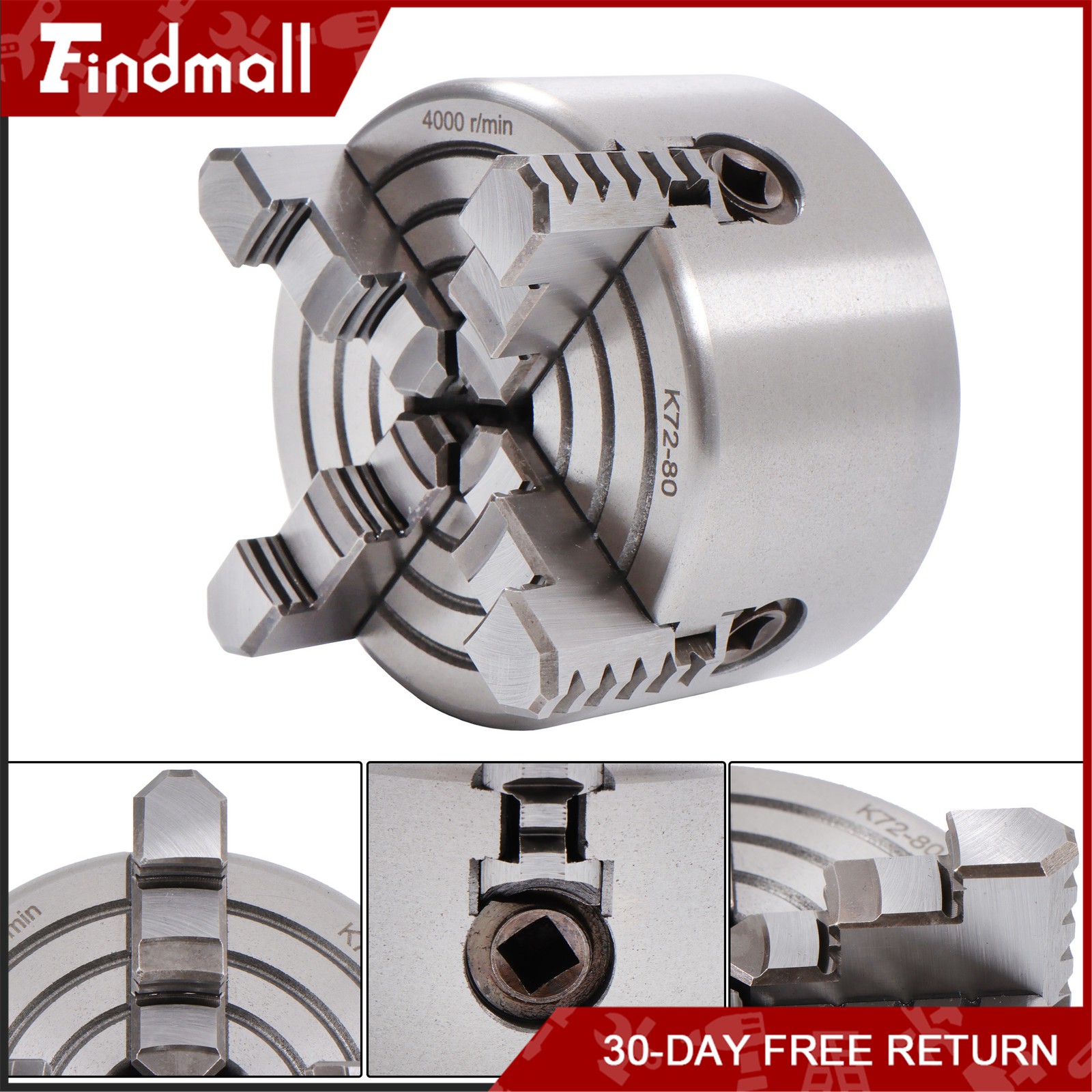 Findmall K72-80 4 Jaw Chuck 3″ 80mm Independent Metal Lathe Chuck