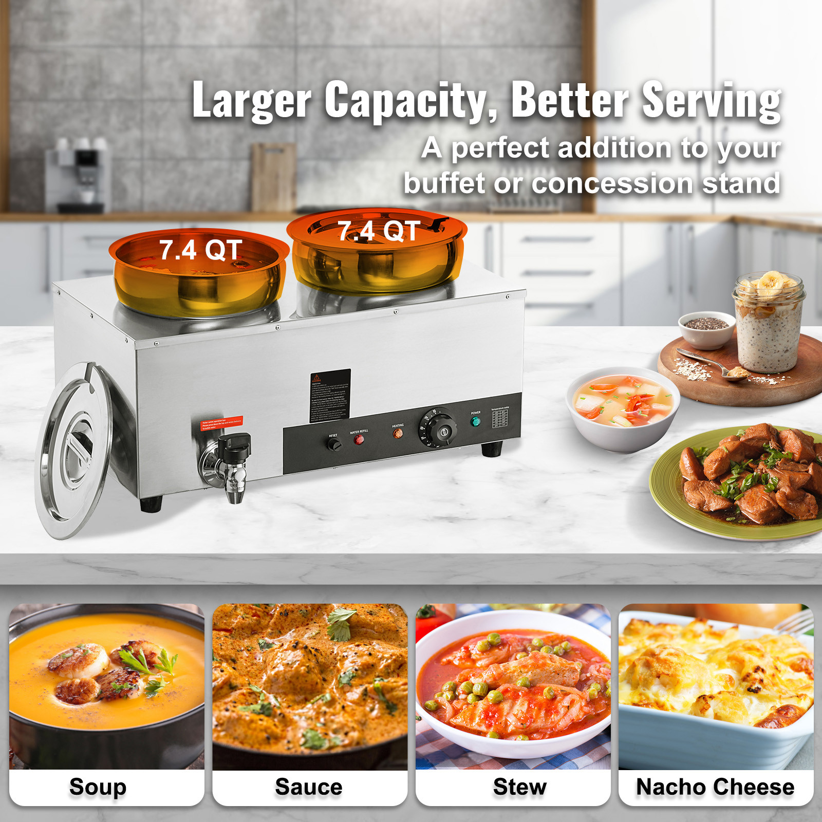 2*7.4Qt Pot Soup Warmer Commercial Soup Station Kettle Warmer Bain Marie