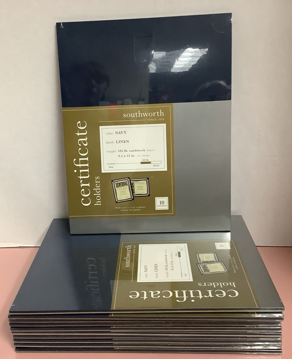 11 PACKS (110 TOTAL) Southworth Certificate Holders Navy Linen 105lb 9.5×12