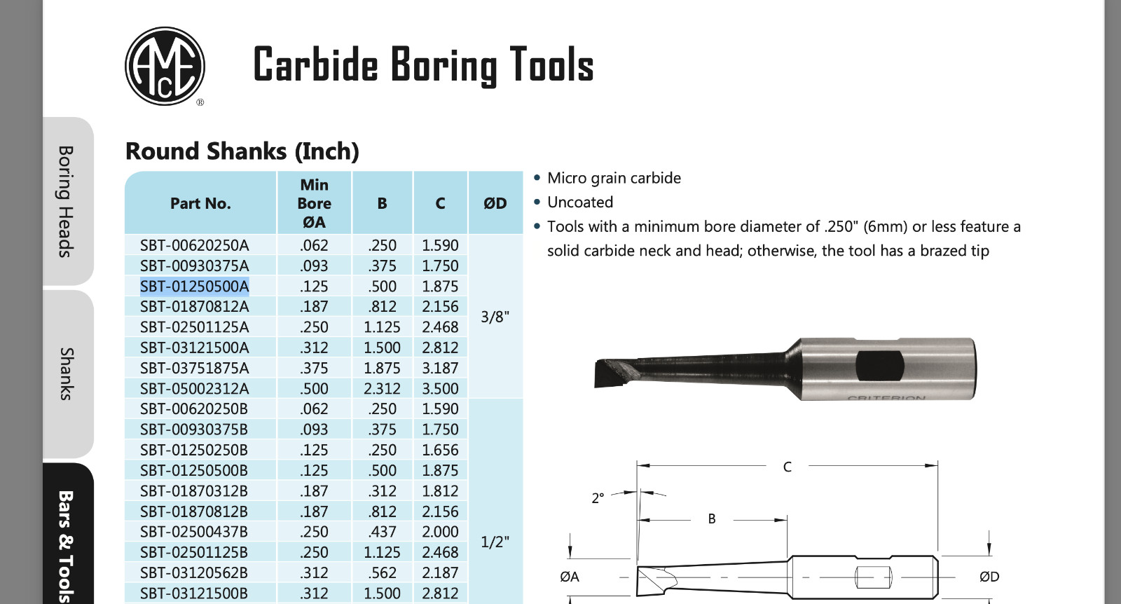 NEW ~ CRITERION Boring Bar Bit – SBT-125A / 10700
