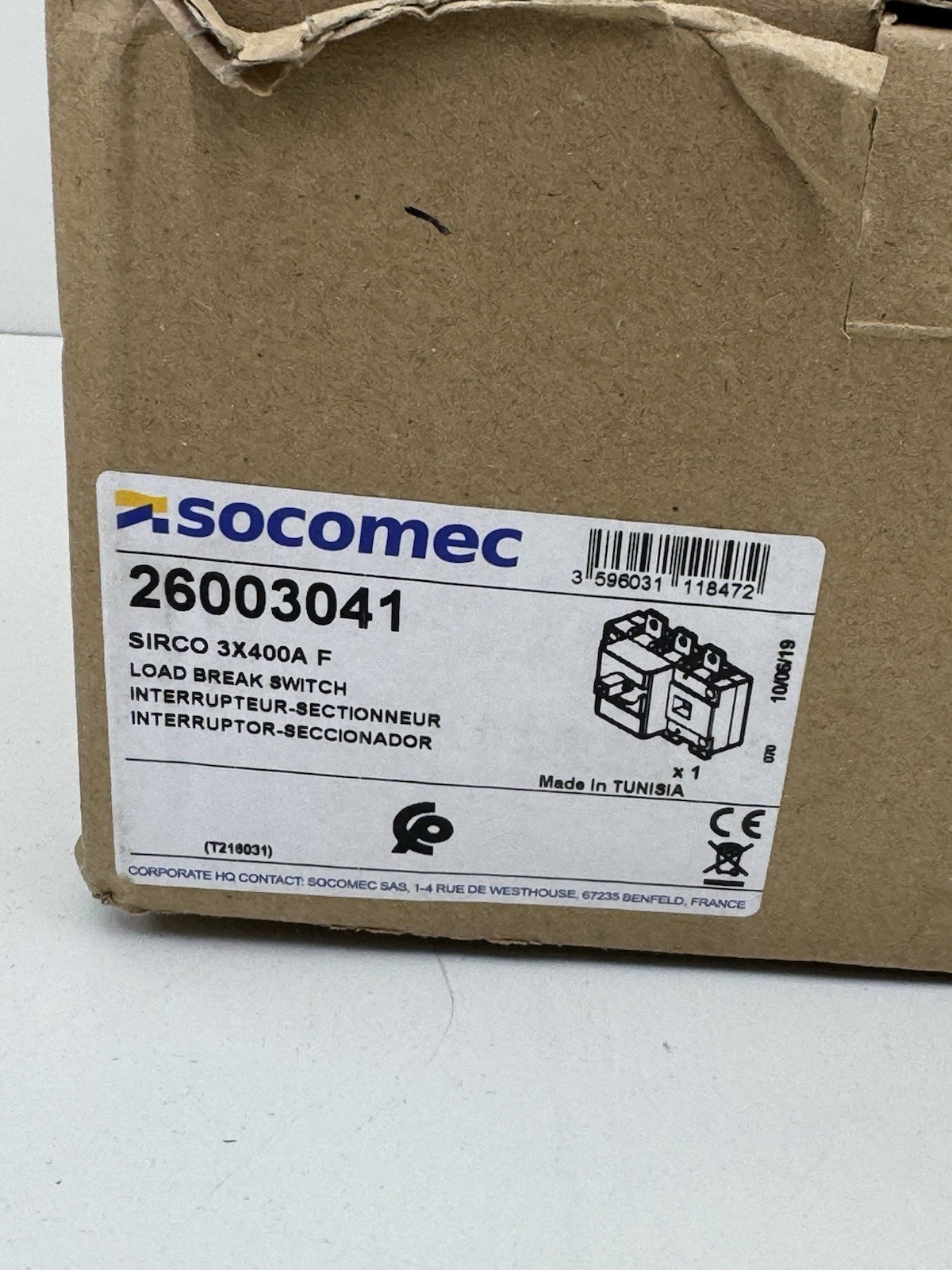 SOCOMEC 26003041 SIRCO 3X400A F LOAD BREAK SWITCH DISCONNECTOR 2600 3041