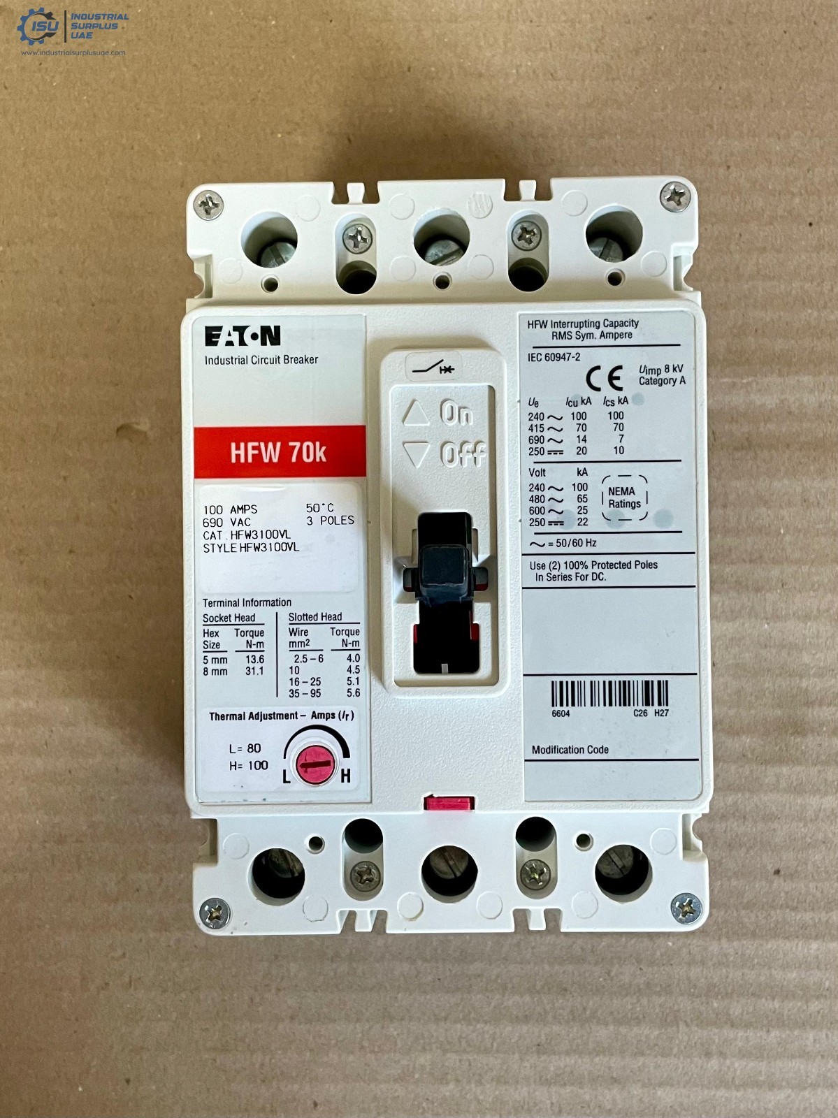 Eaton HFW3100VL Series C Industrial Circuit Breaker 100 Amps 3 Pole HFW 70k #New