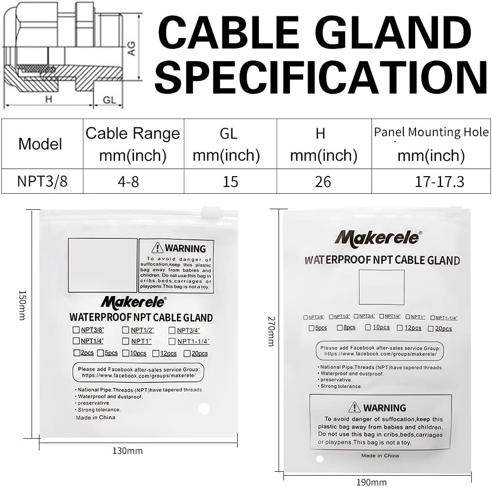 MAKERELE Wire Strain Relief NPT 3/8”Nylon Cord Grips 3/8 20pcs BAG, Grey