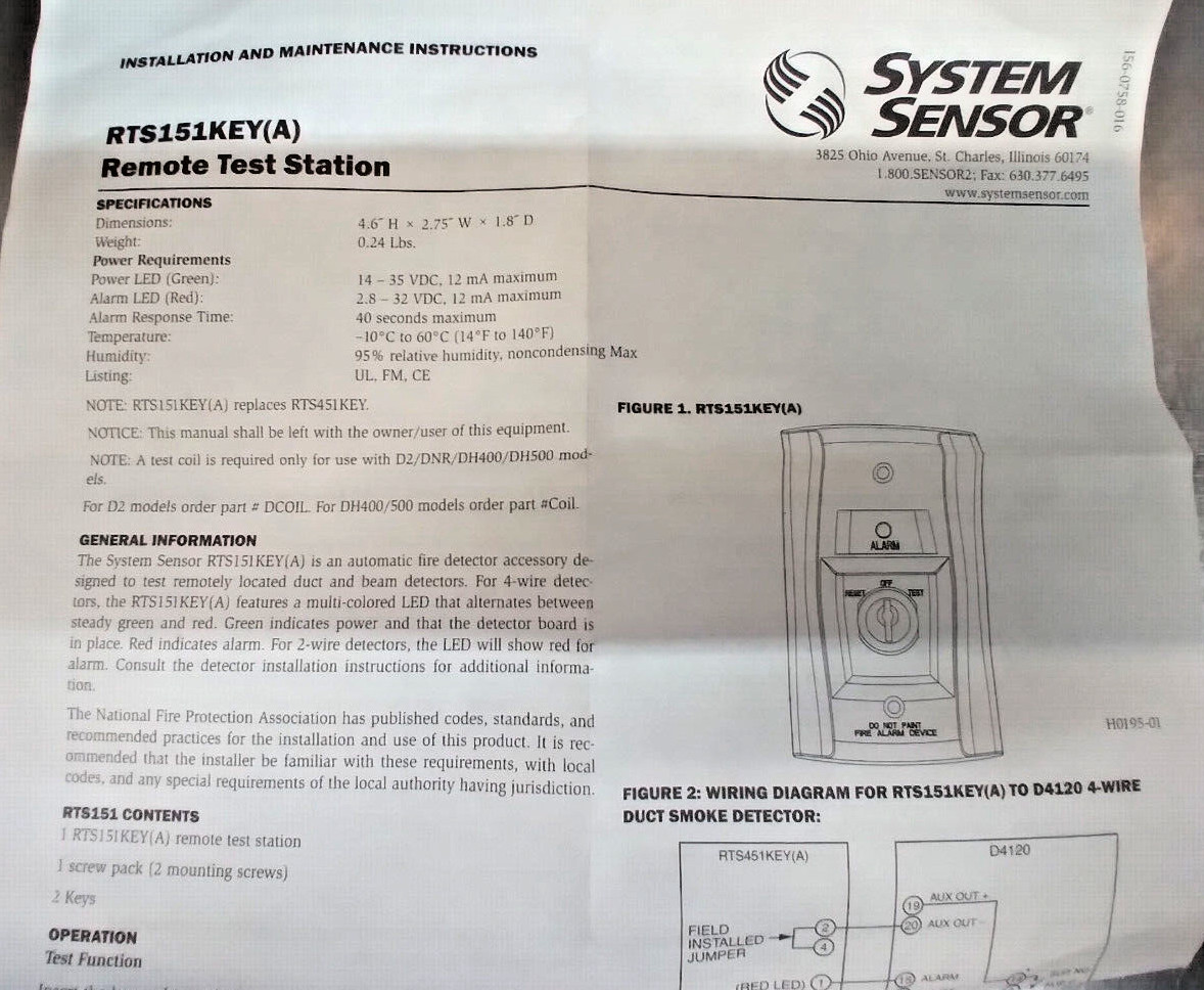 System Sensor RTS151KEY, Remote Duct Fire Alarm Test Station