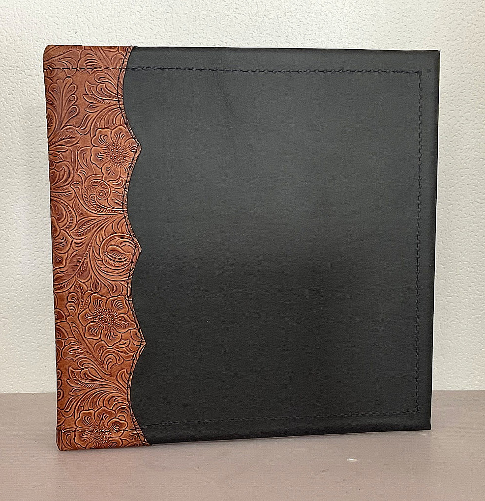 SMOOTH BLACK COWHIDE LEATHER 2″ 3 RING BINDER WESTERN CHESTNUT FLORAL TRIM