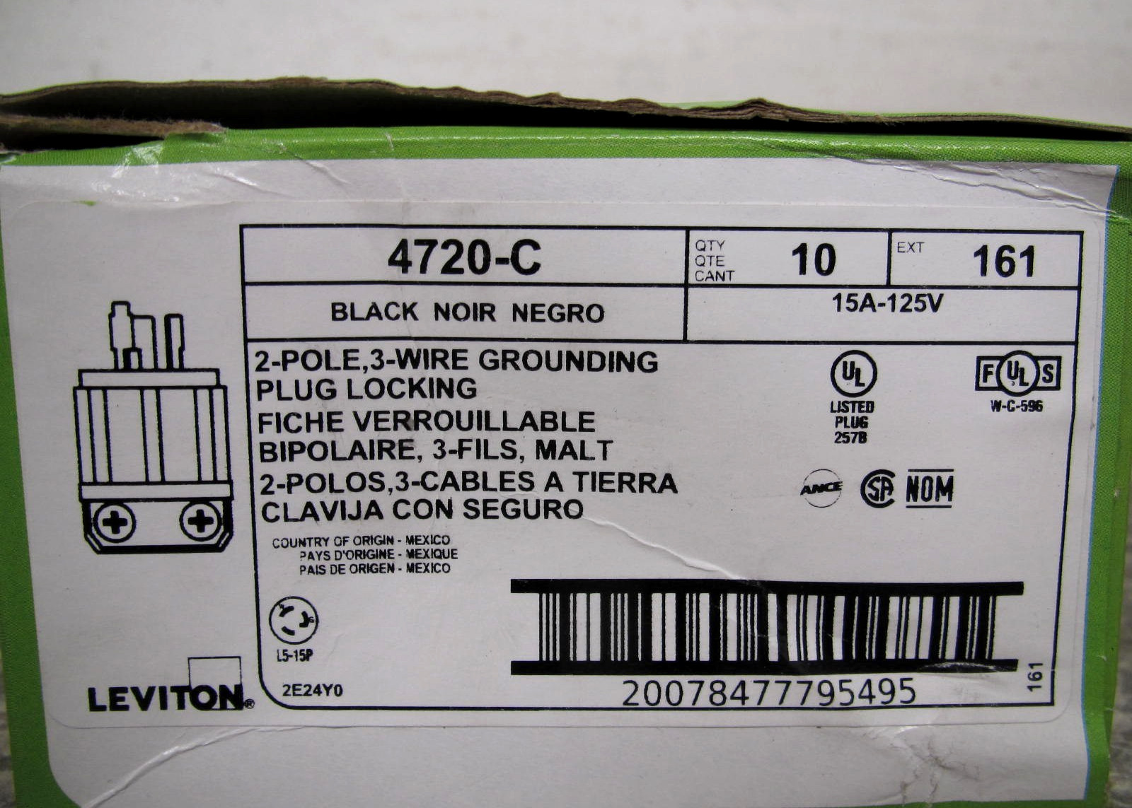 10 x New Leviton 4720-C 15A 125V 2P 3W L5-15P Black Locking Plugs Free Shipping