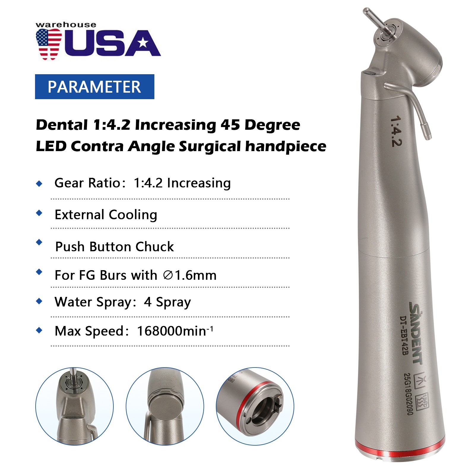 SANDENT Handpiece LED 1:4.2 Contra Angle 45° Surgical External Spray