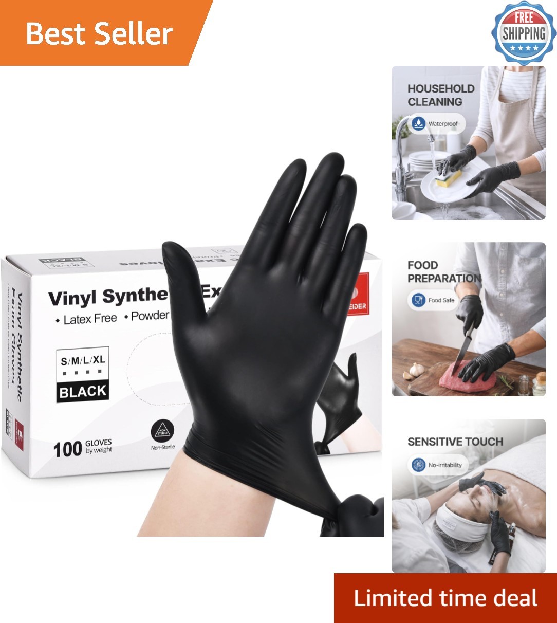 Vinyl Synthetic Exam Gloves, 4 Mil, Latex-Free 100 Count for Medical & Food Prep