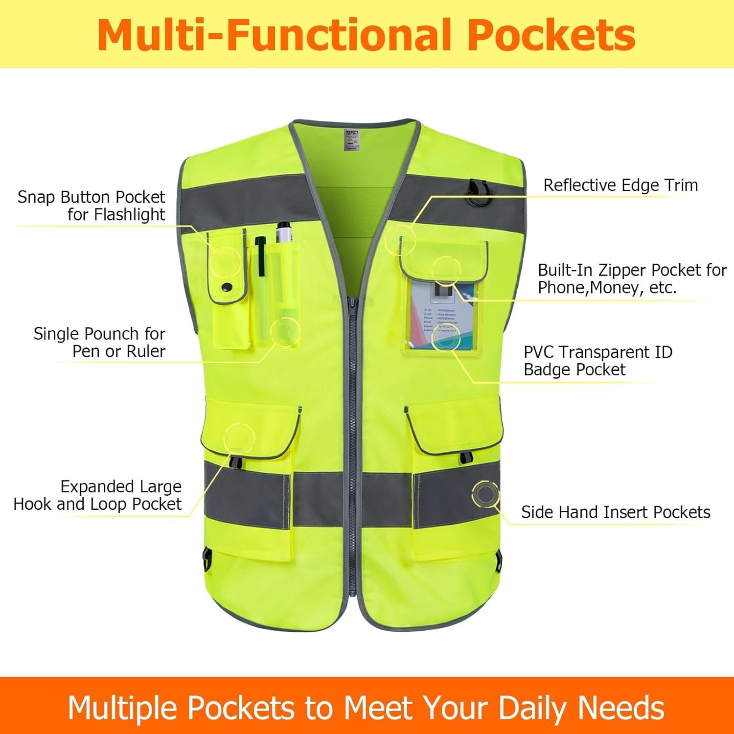 High Visibility Safety Vest for Men Women Reflective Work Vest with 9 Pockets