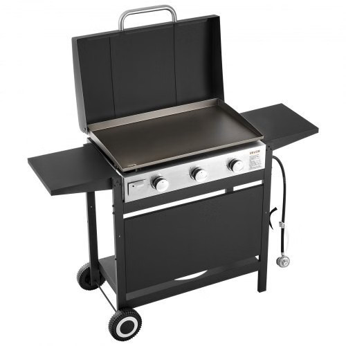 Gas Griddle, 3-Burner Flat Top Grill, Propane Griddle with Wheels, Lid, 3 x 1100