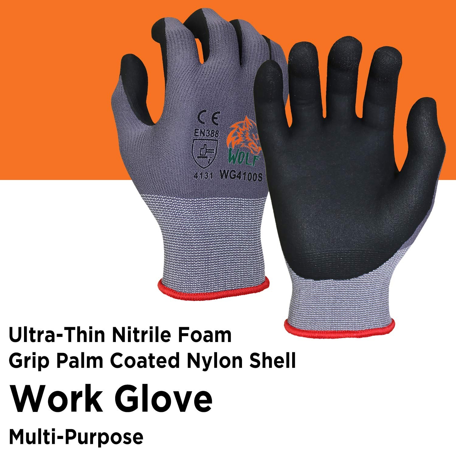 WOLF Ultra-Thin Nitrile Foam Grip Palm Coated Nylon Shell Work Glove, Constru…