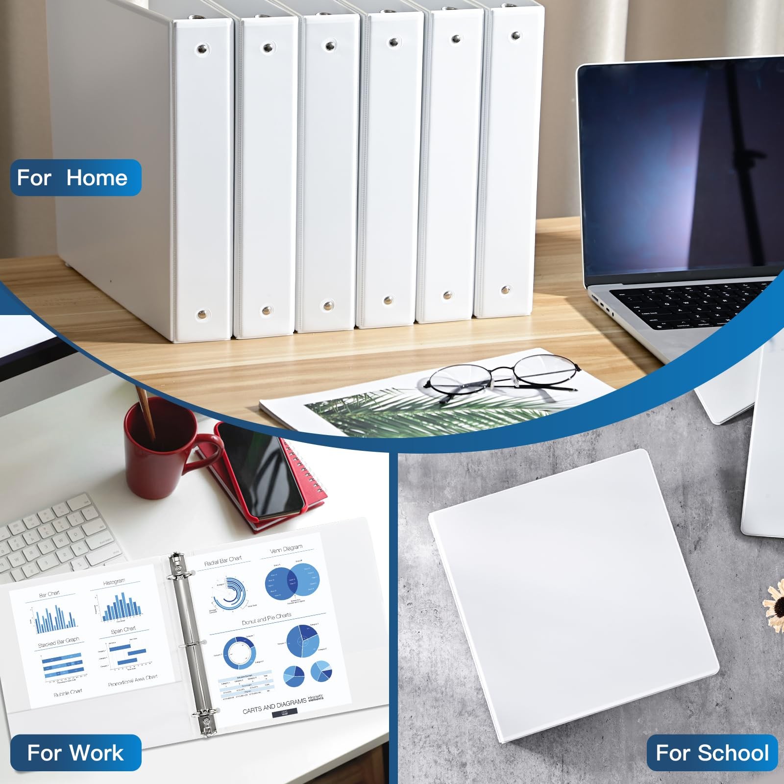 6 PCS White 1.5Inch 3 Ring Binder 2 Pocket Holds 325 Sheet 8.5×11″ Letter