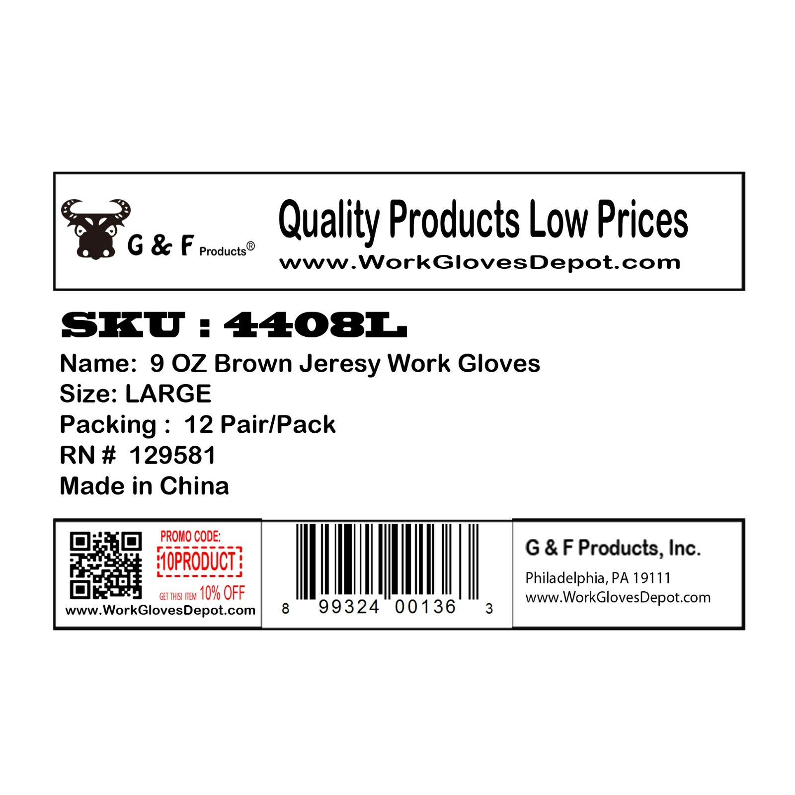 G & F 4408 9OZ. Brown Jersey Gloves, Heavy Weight. Sold by 12-Pair Pack