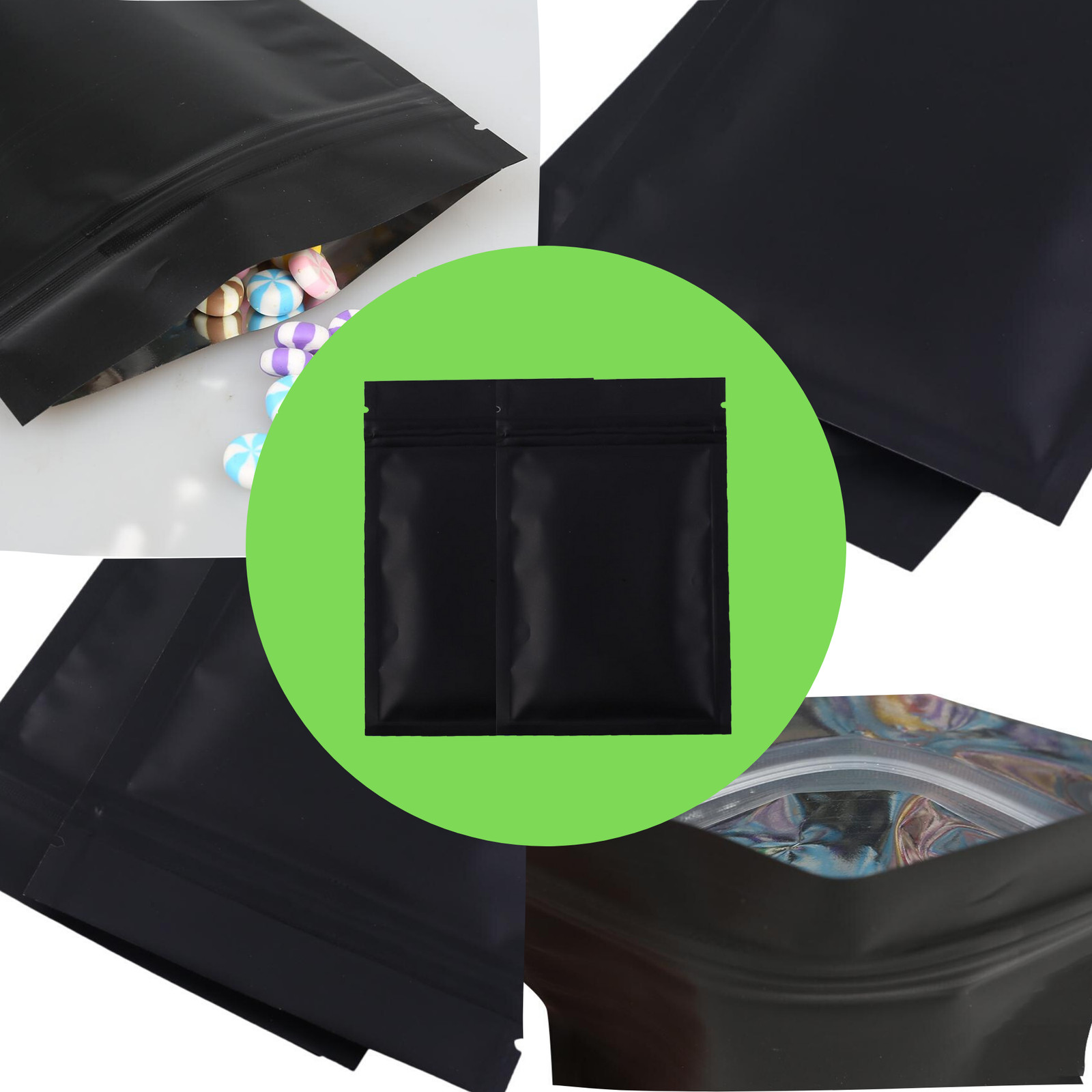 100 Flat Black Metallic Foil Resealable Bags Repacking Pouch w/ Variety of Sizes