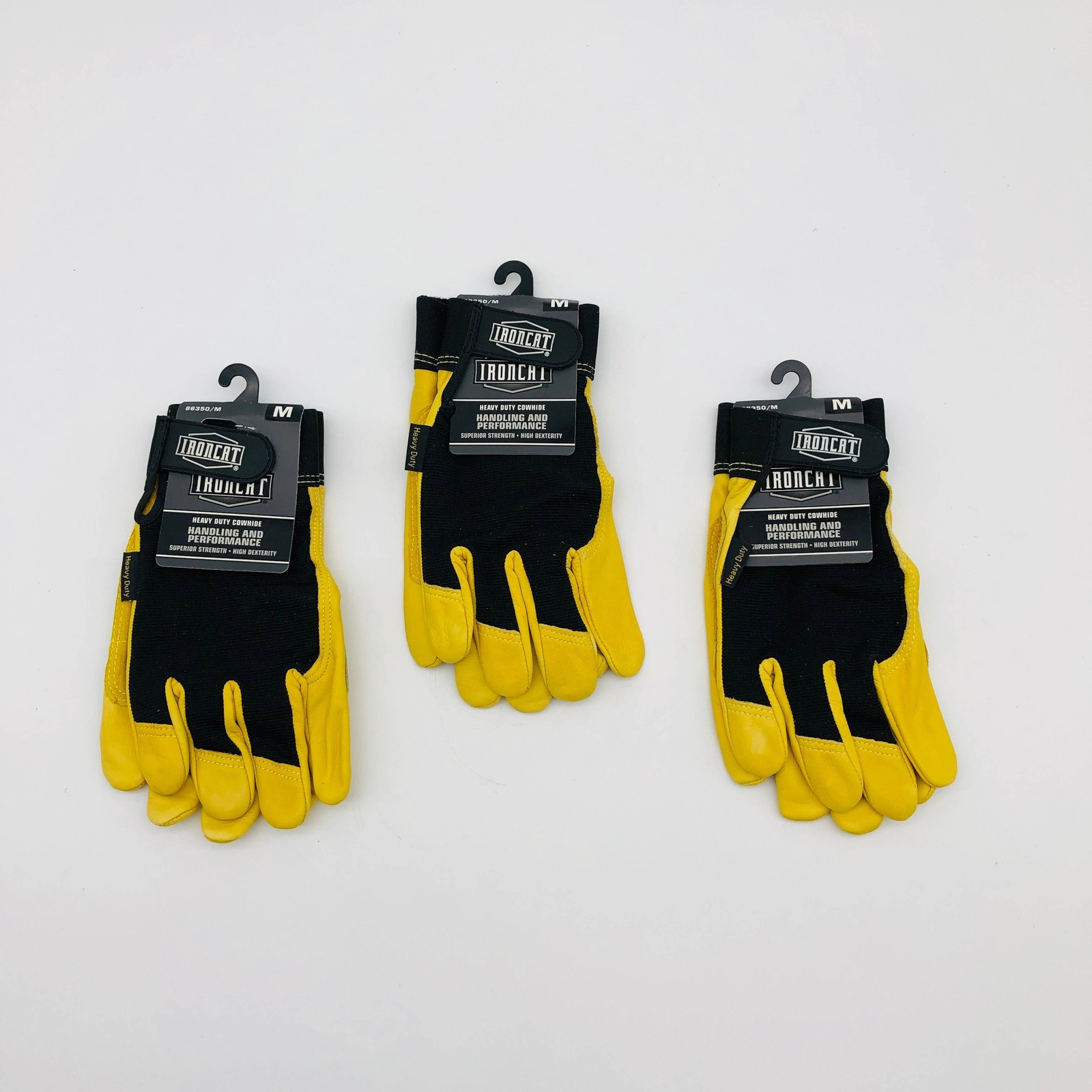 Ironcat 86350 Cowhide Leather Gloves Medium Hvy Duty Mechanics Hook Loop 3 Pairs
