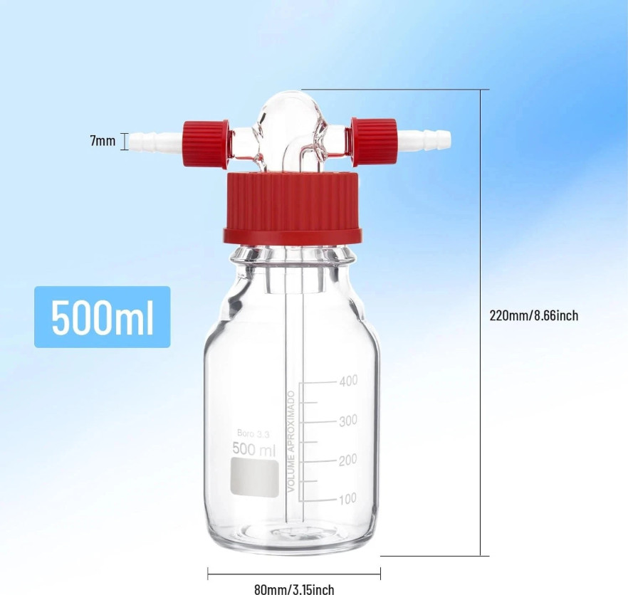250mL/500mL Lab Gas Washing Bottle, Lab Glassware, Drechsel Head, GL45 Mouth New