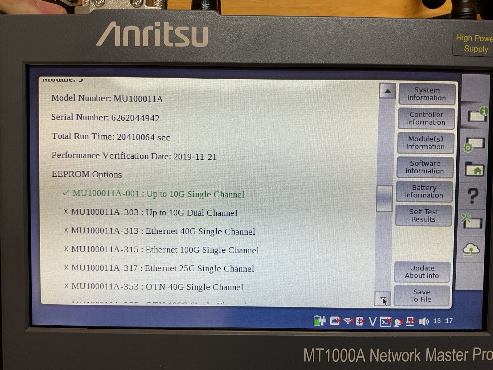 Anritsu MT1000A Network Master Pro; MU100090A, MU100021A, MU100011A Modules