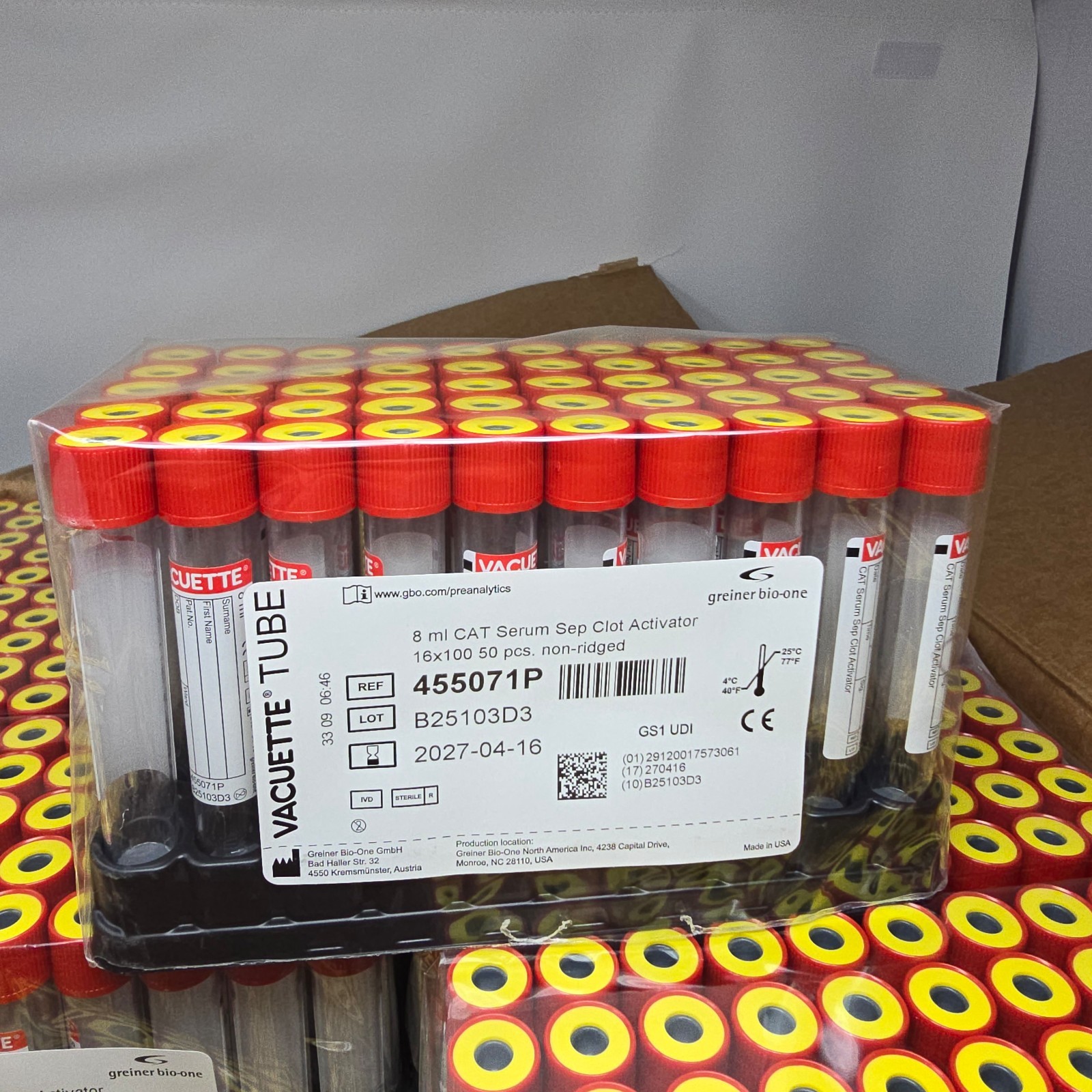 1200 pcs Vacuette Tube 455071P, 8ml CAT Serum Sep Clot Activator , 2027-04-16