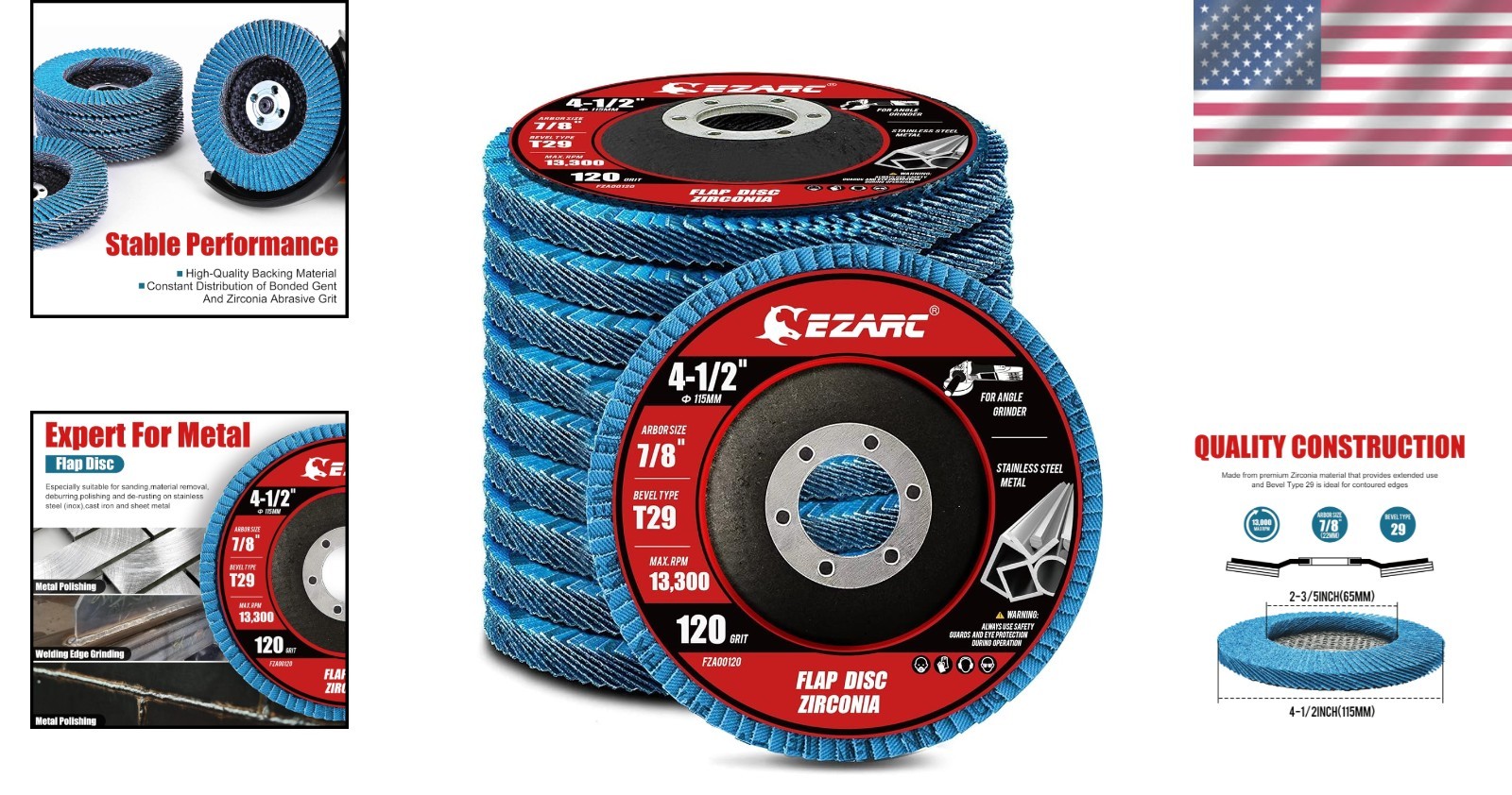 Durable Type 29 Flap Disc, 4 1/2 Inch, 10 PCS for Angle Grinders with 13,300 RPM