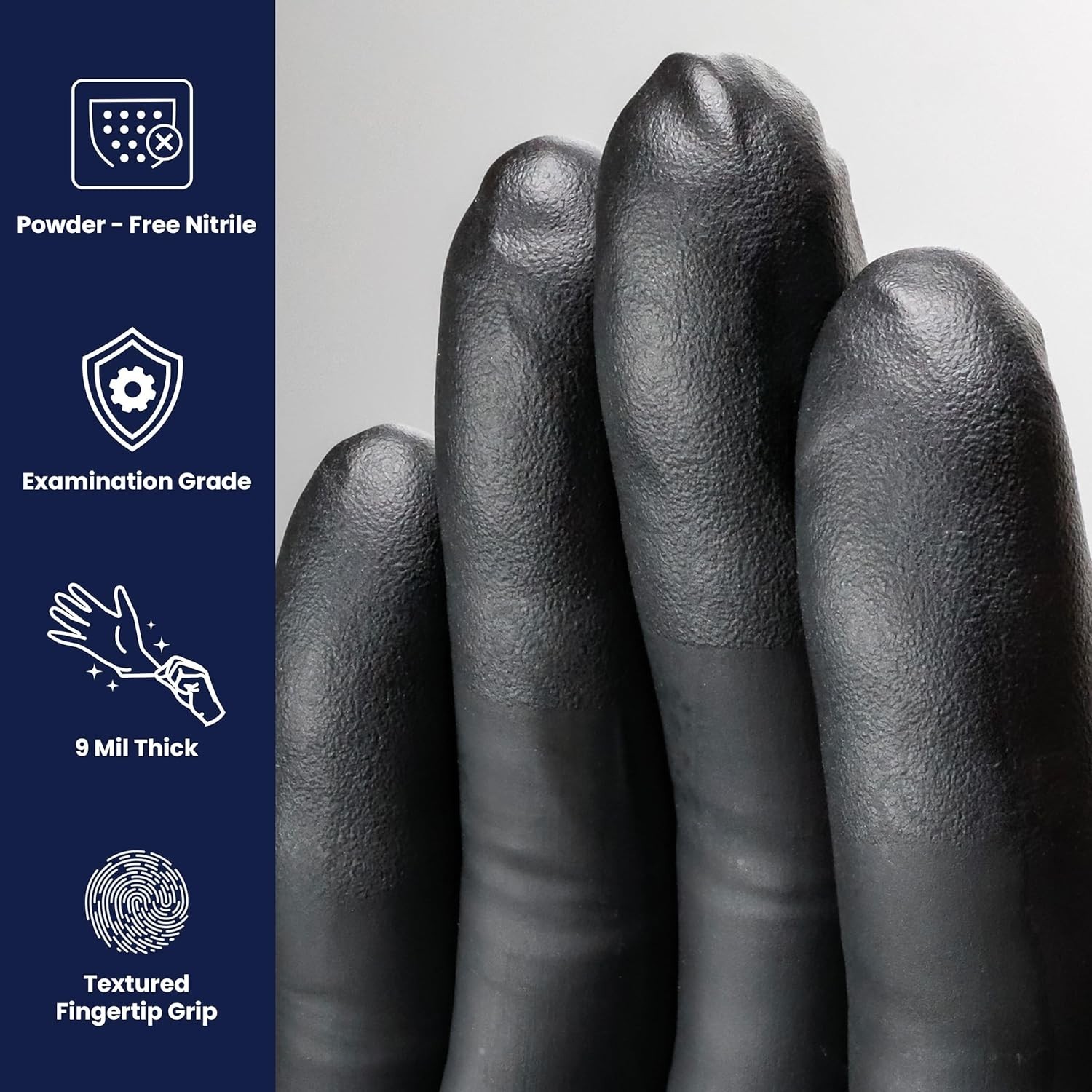 Dark Light 9 mil Nitrile Powder Free Exam Gloves Black, Large – Box of 100