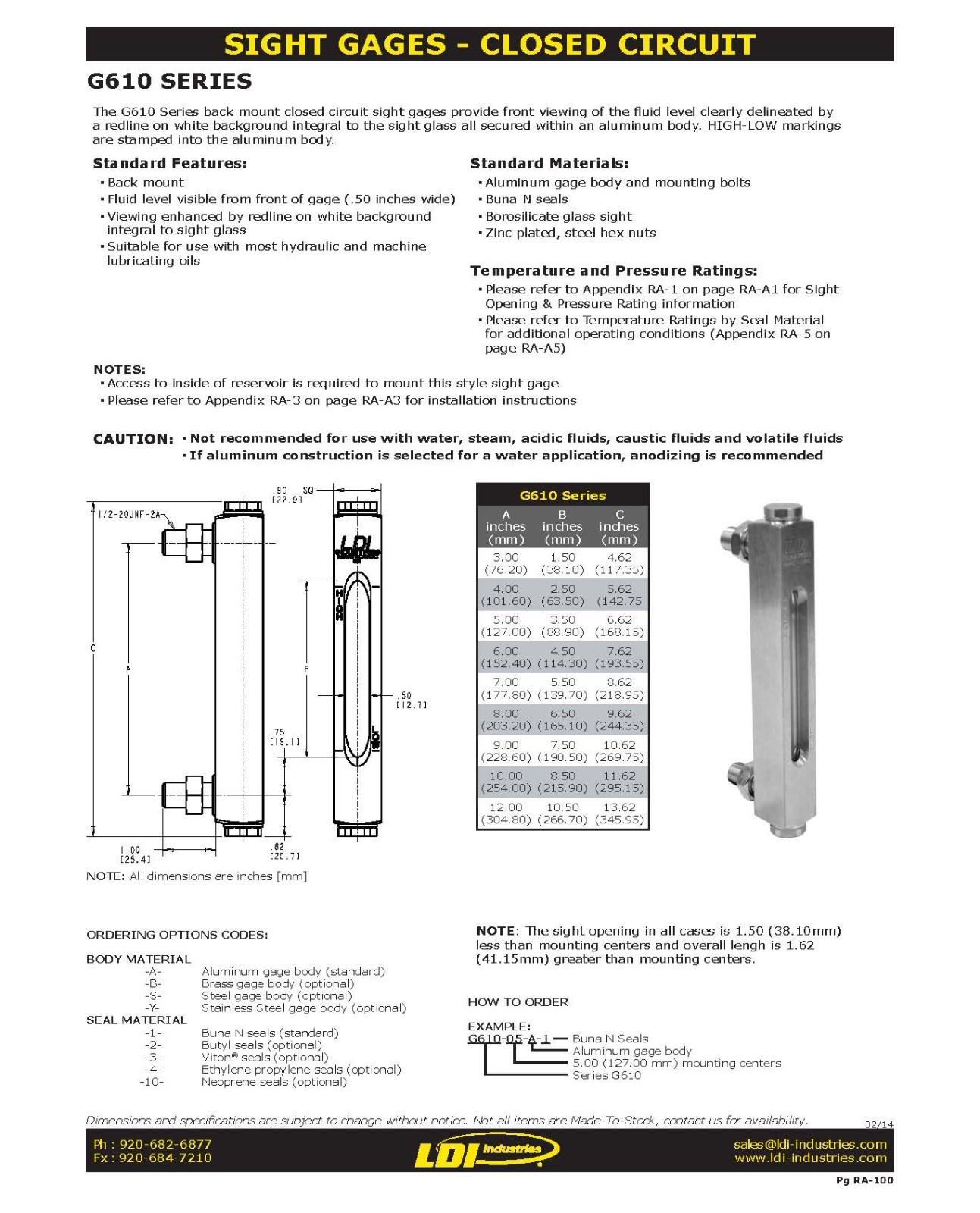 LDI G610-06-A-1, Fluid Level Sight Glass, 6 in, Aluminum
