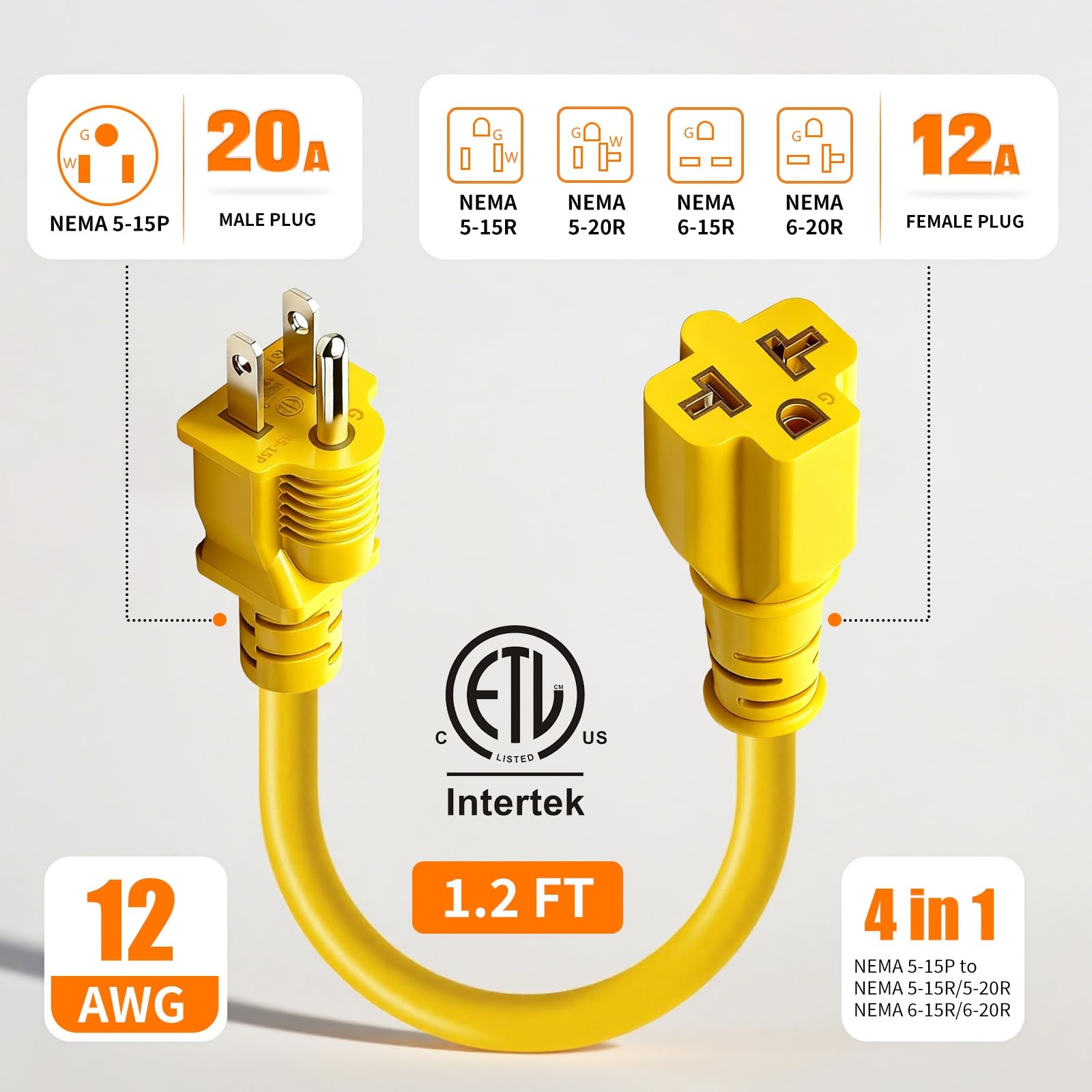4-in-1 15 Amp to 20 -1ft Extension Cable&Power Adapter， T 1 ft, Yellow
